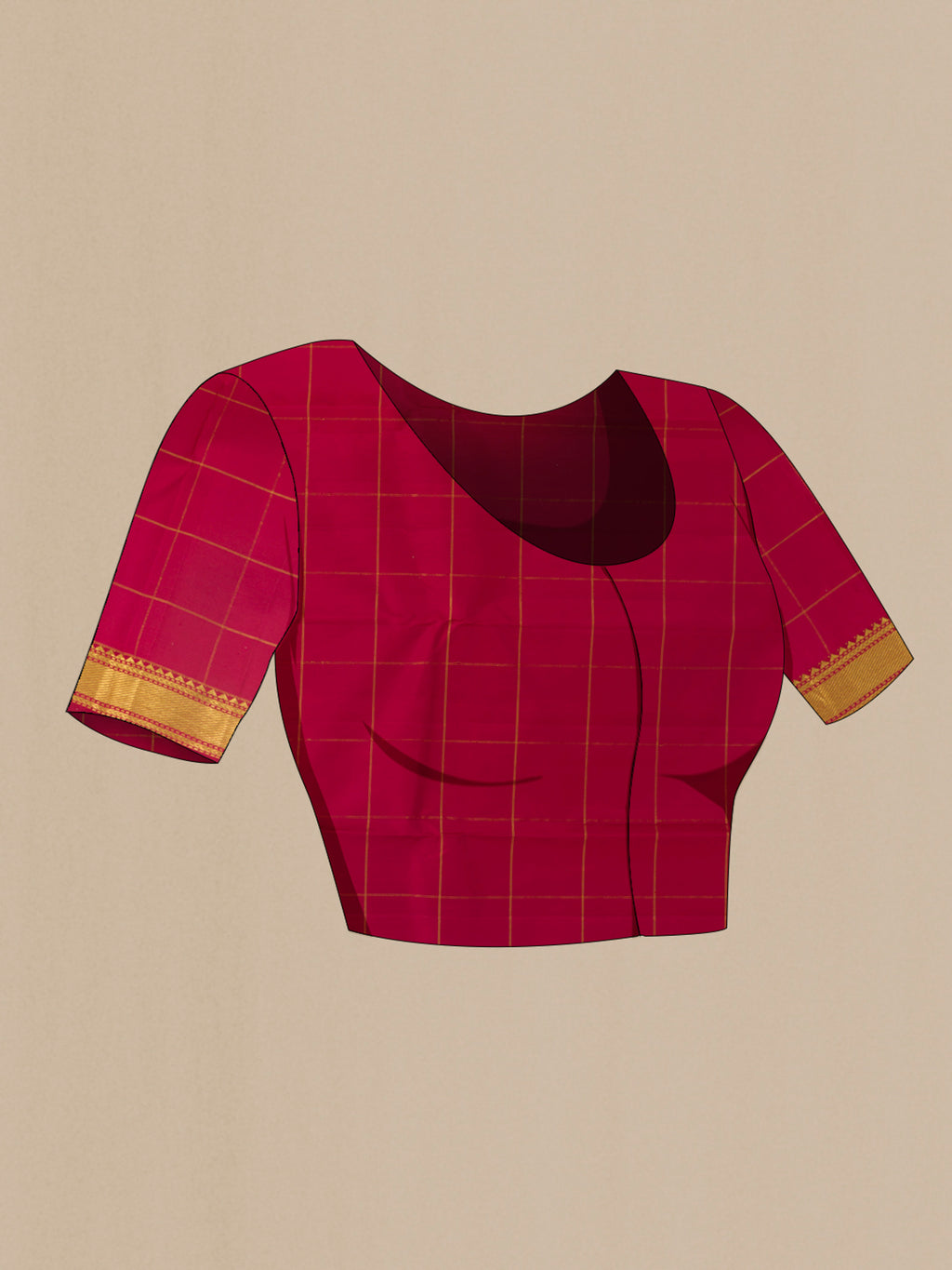Close up image of the blouse of Pure Silk Multi Color Kanchipuram Saree with Checked design on the body and Zari Border. 