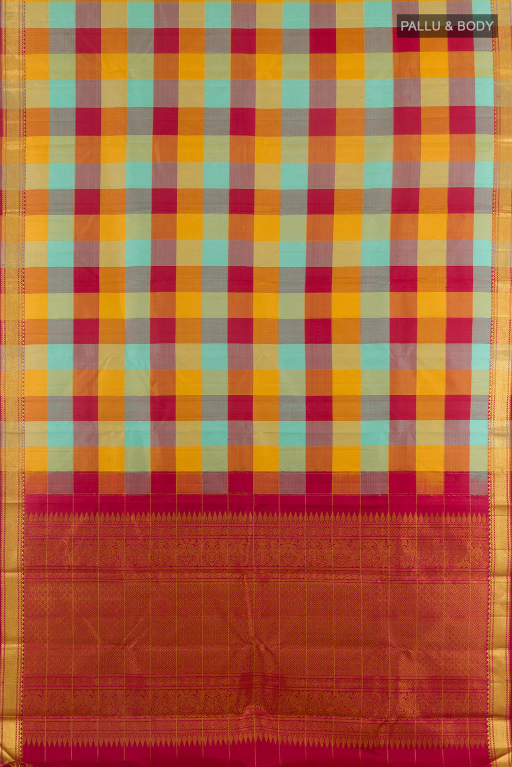 Flat view of Pure Silk Multi Color Kanchipuram Saree with Checked design on the body and Zari Border. 