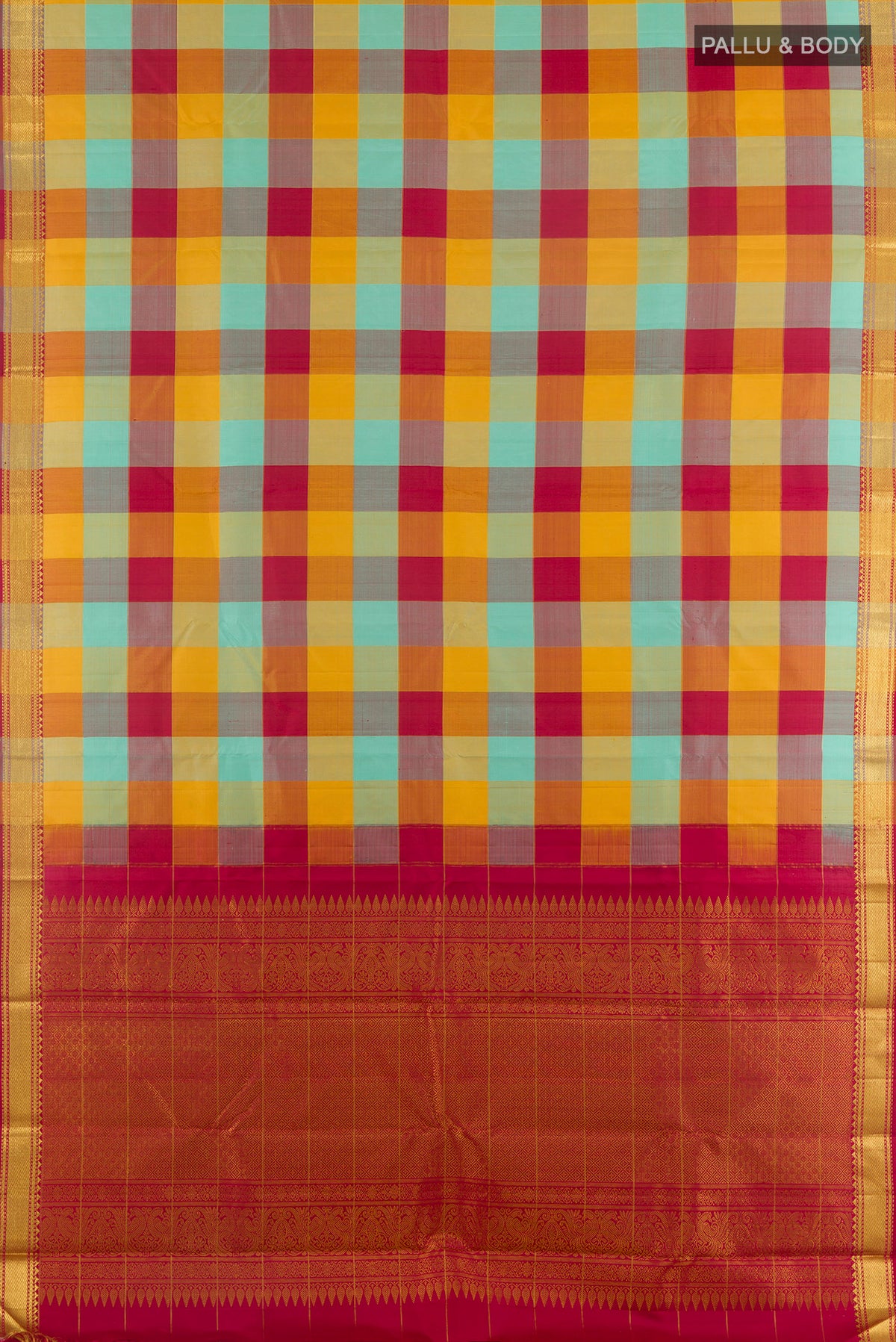 Flat view of Pure Silk Multi Color Kanchipuram Saree with Checked design on the body and Zari Border. 