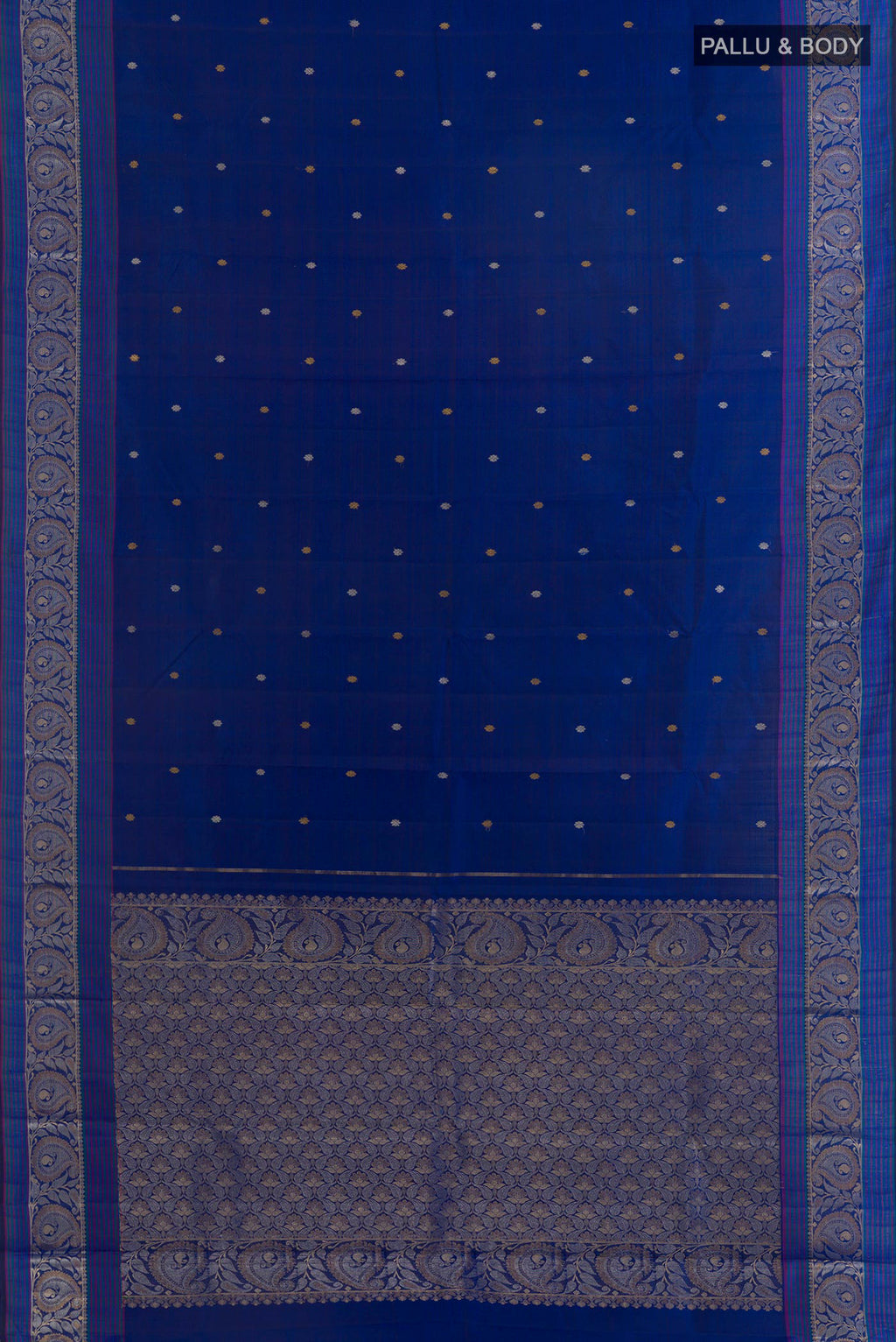 Flat view of Pure Silk Blue Kanjivaram Saree with Zari Butta on the body and Zari Border. 
