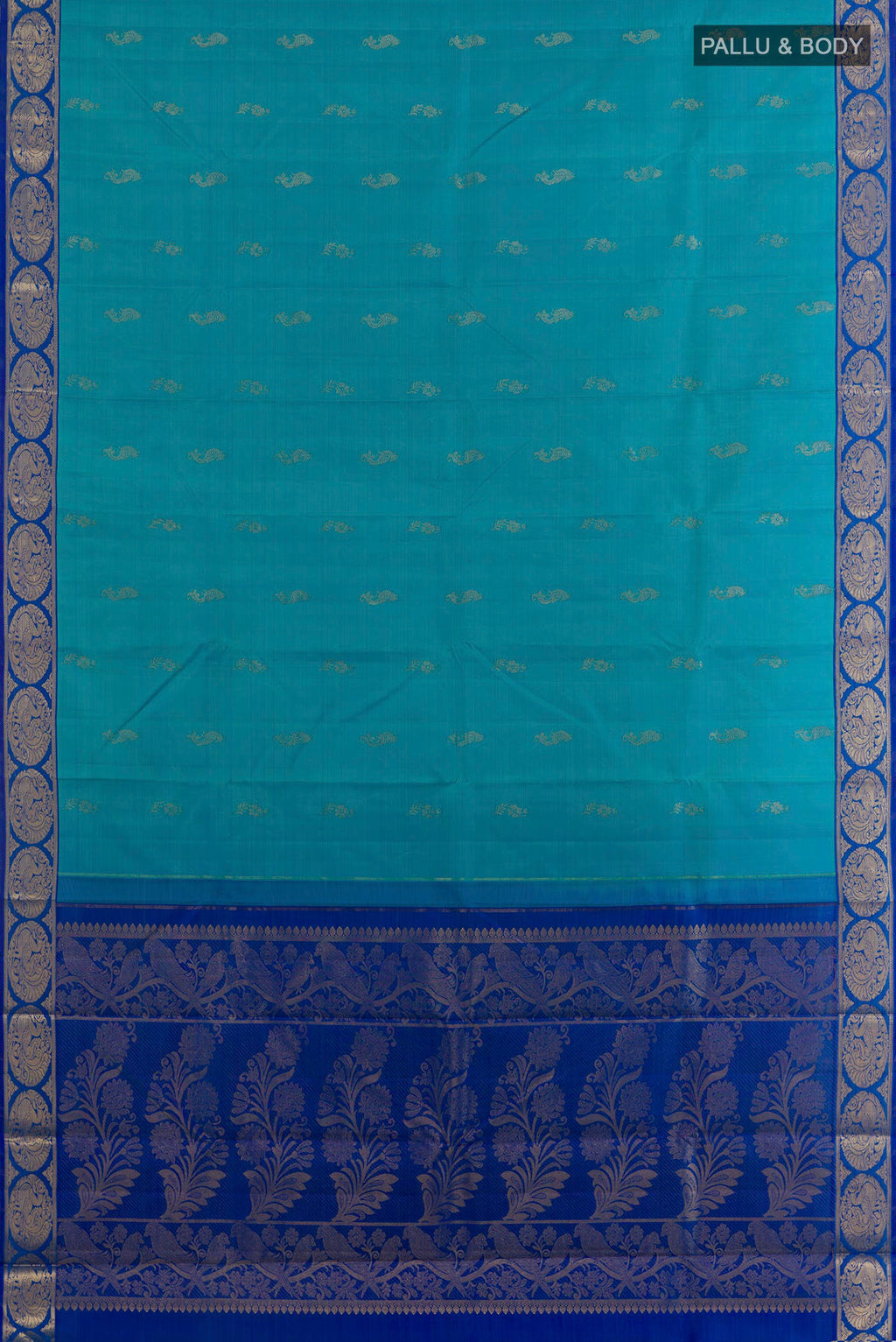 Flat view of Pure Silk Turquoise Kanjivaram Saree with Zari Butta on the body and Zari Border. 