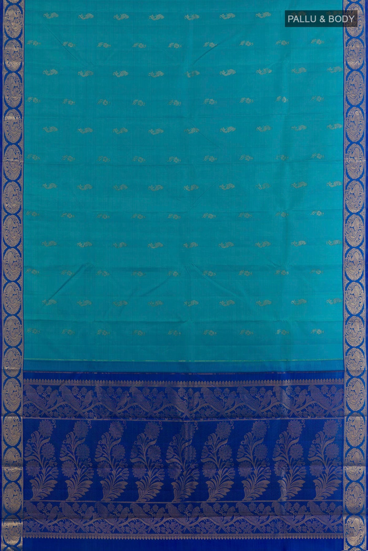 Flat view of Pure Silk Turquoise Kanjivaram Saree with Zari Butta on the body and Zari Border. 
