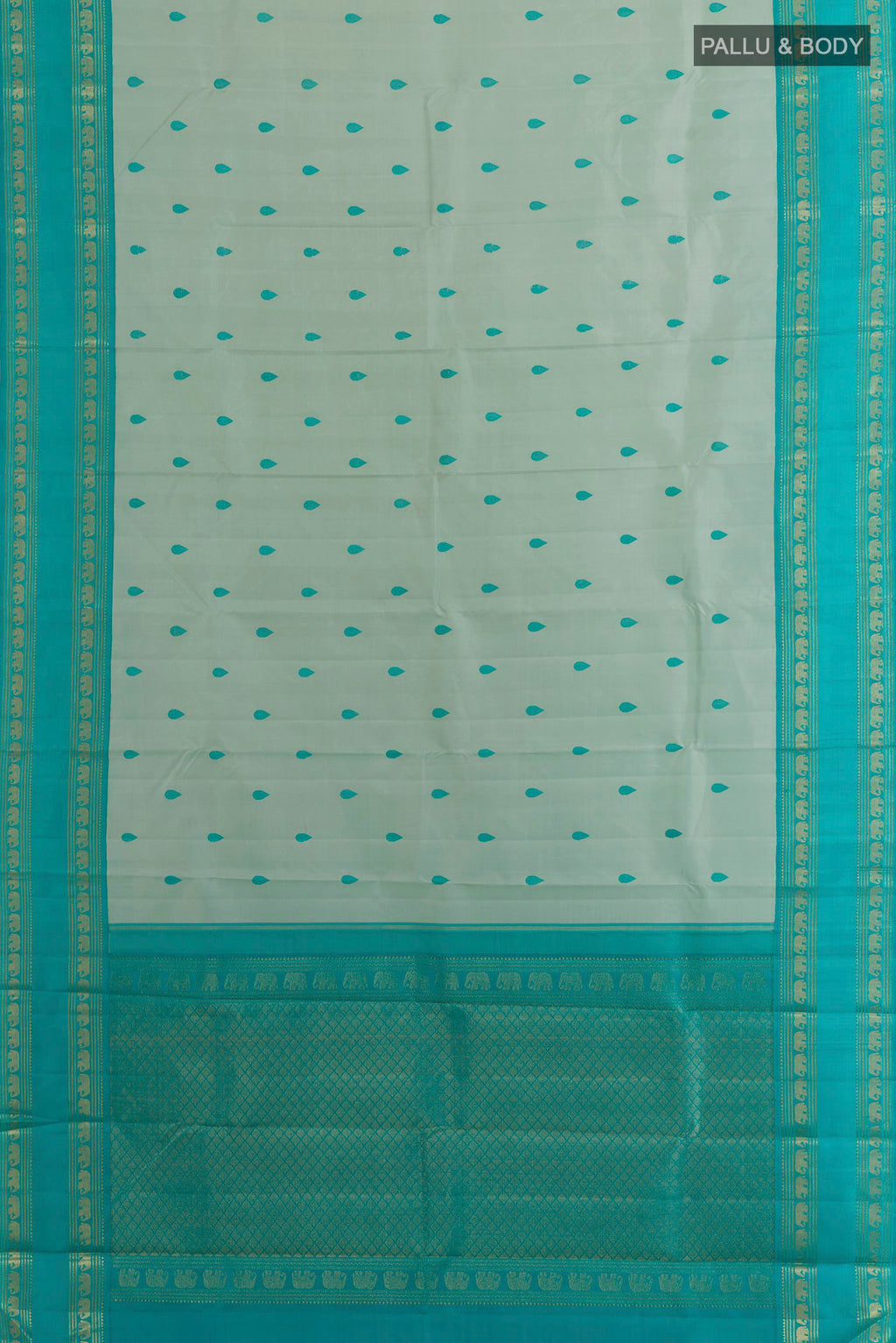 Flat view of Pure Silk Light Green Kanjivaram Saree with Thread Butta on the body and Zari Border. 