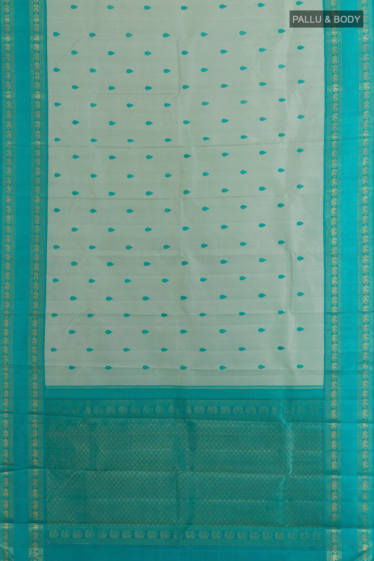 Flat view of Pure Silk Light Green Kanjivaram Saree with Thread Butta on the body and Zari Border. 