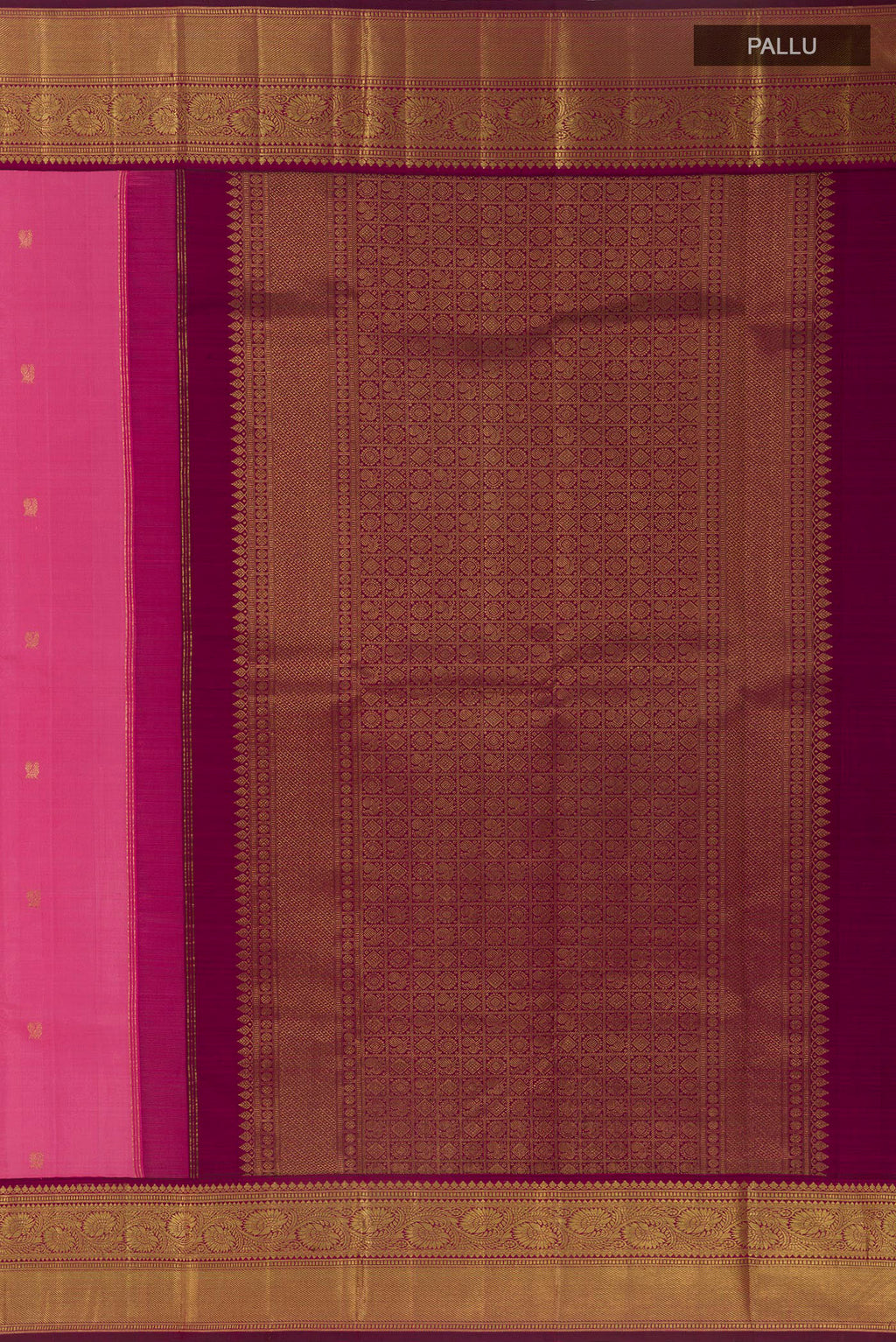 Close up image of the pallu of Pure Silk Pink Kanjivaram Saree with Zari Butta on the body and Zari Border. 