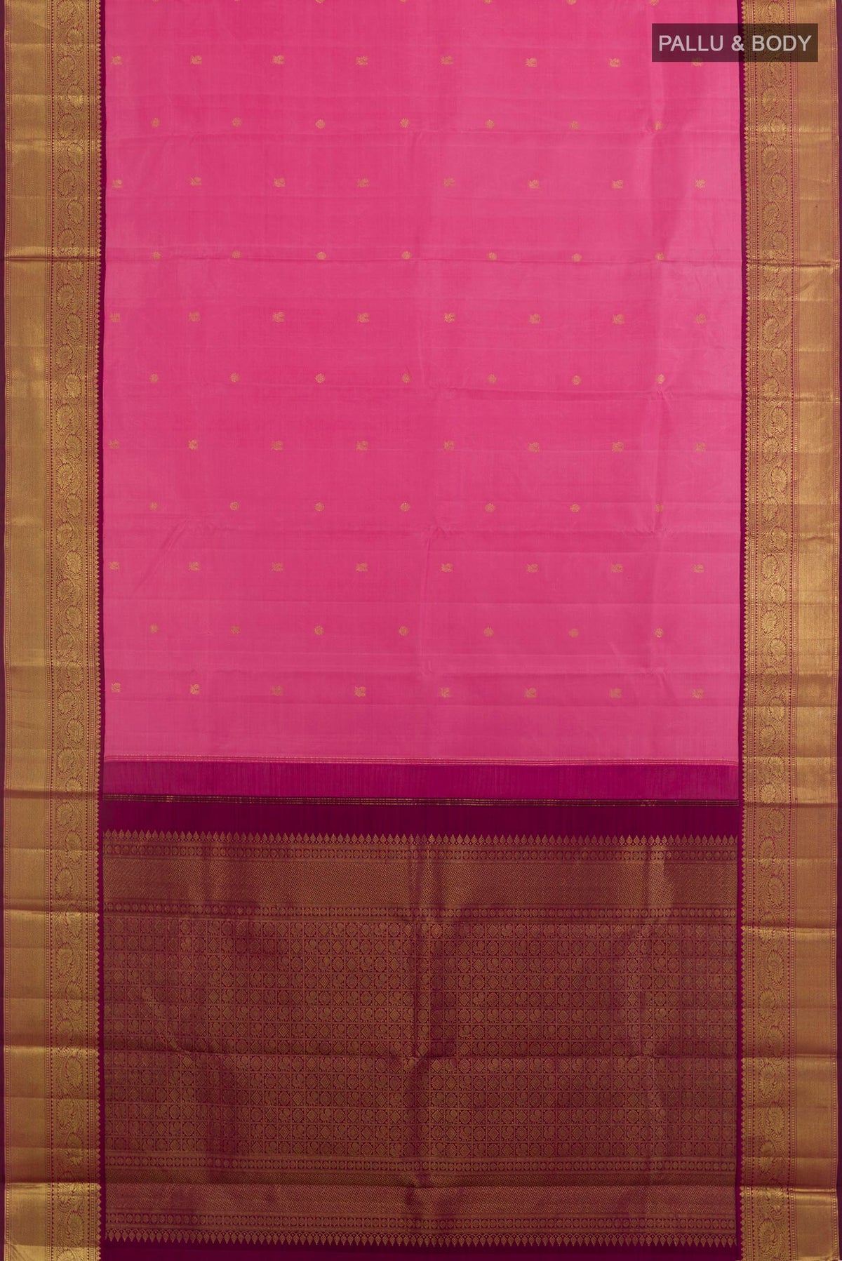 Flat view of Pure Silk Pink Kanjivaram Saree with Zari Butta on the body and Zari Border. 
