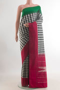 Pure Silk Multi Color Kanjivaram Saree with Checked design on the body and Ganga Jamuna Border.  displayed on a mannequin