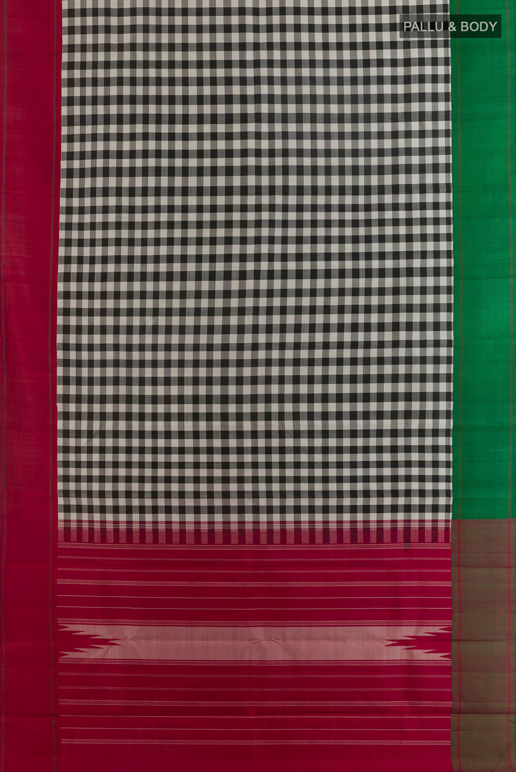 Flat view of Pure Silk Multi Color Kanjivaram Saree with Checked design on the body and Ganga Jamuna Border. 