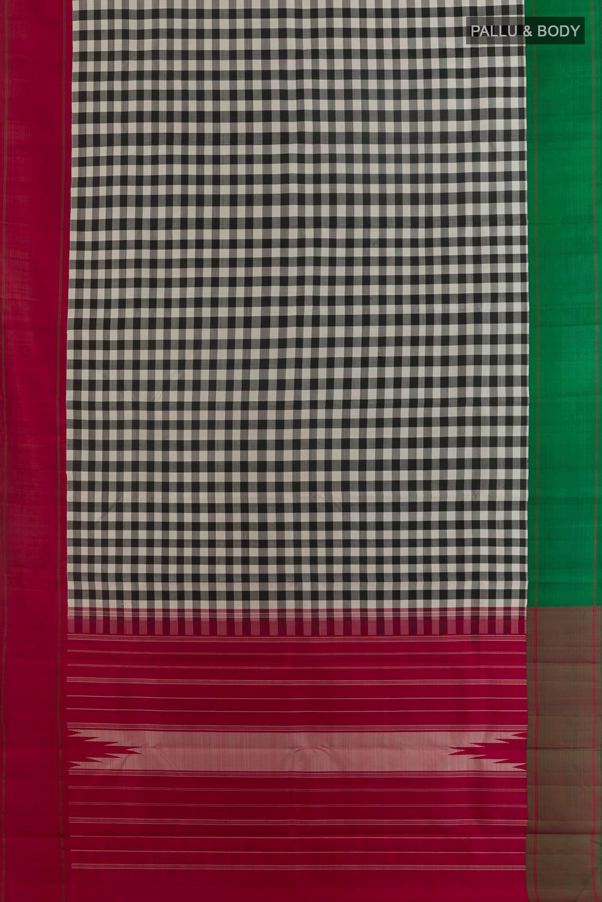 Flat view of Pure Silk Multi Color Kanjivaram Saree with Checked design on the body and Ganga Jamuna Border. 