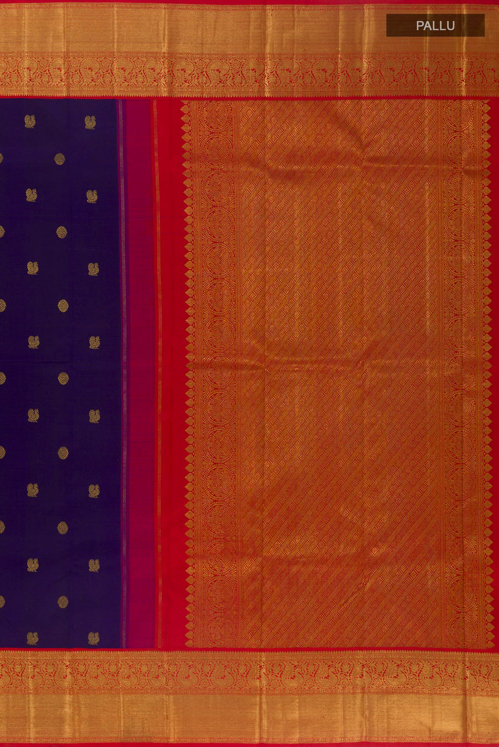 Close up image of the pallu of Pure Silk Navy Blue Kanchipuram Saree with Zari Butta on the body and Zari Border. 