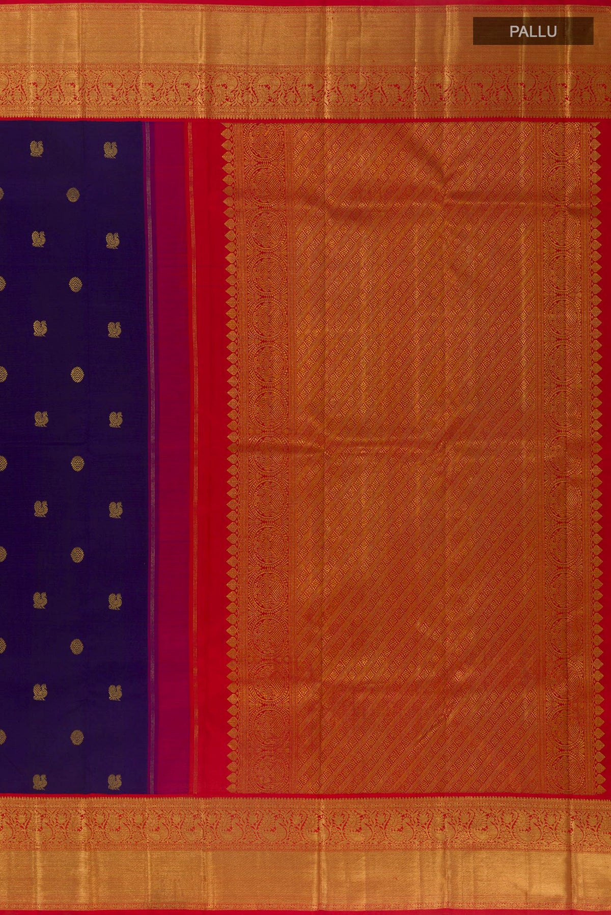 Close up image of the pallu of Pure Silk Navy Blue Kanchipuram Saree with Zari Butta on the body and Zari Border. 