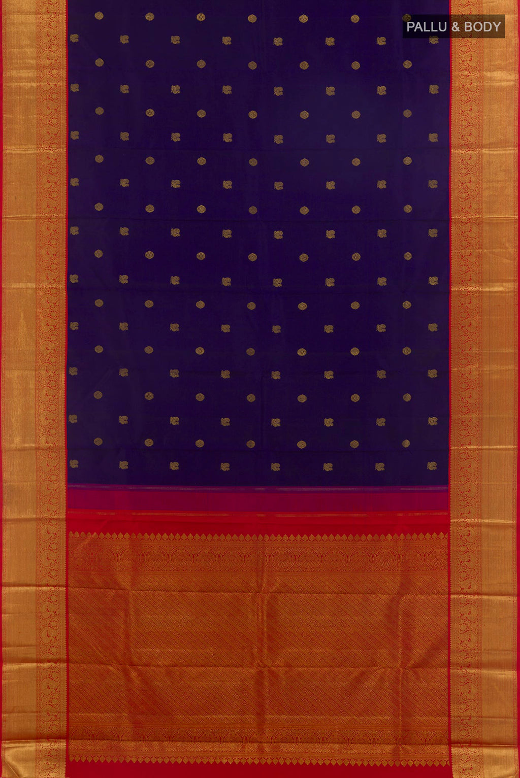 Flat view of Pure Silk Navy Blue Kanchipuram Saree with Zari Butta on the body and Zari Border. 