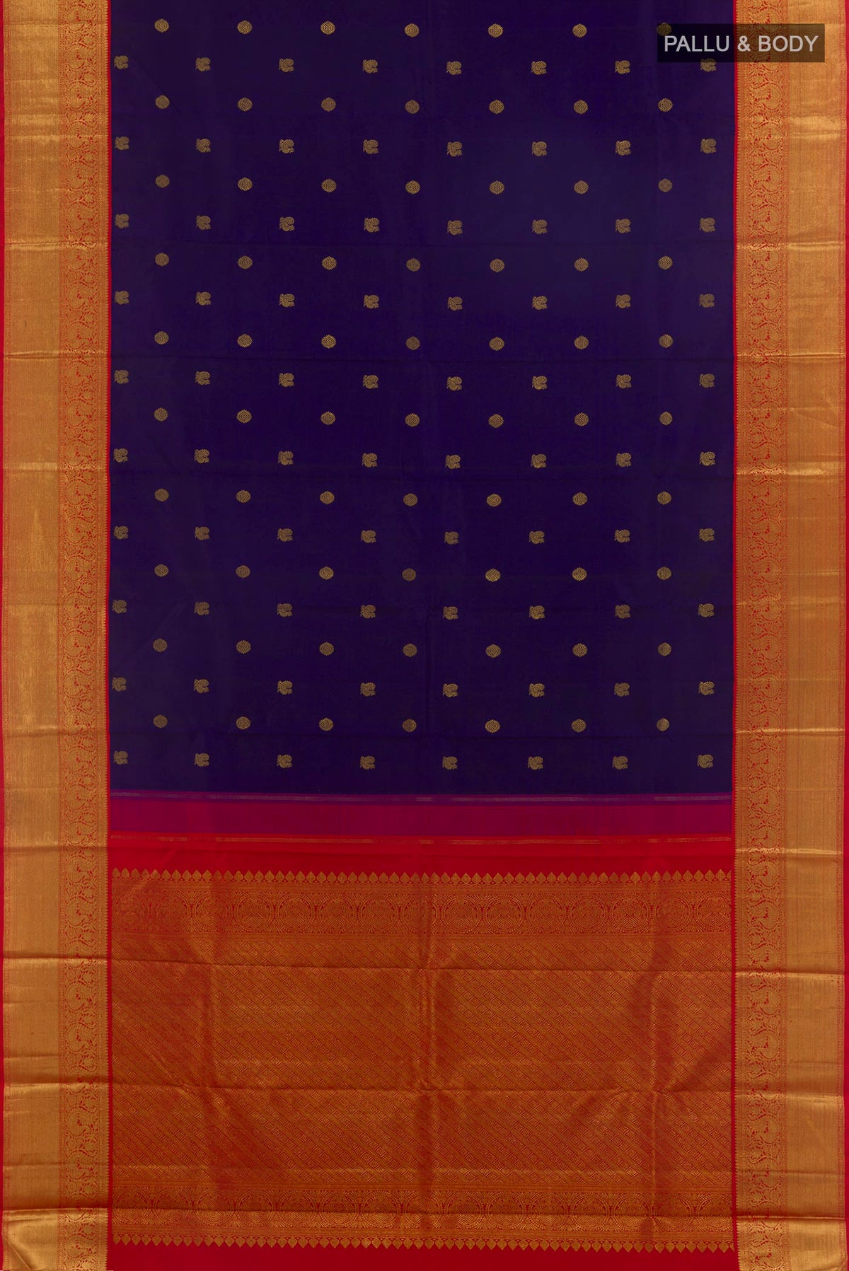Flat view of Pure Silk Navy Blue Kanchipuram Saree with Zari Butta on the body and Zari Border. 