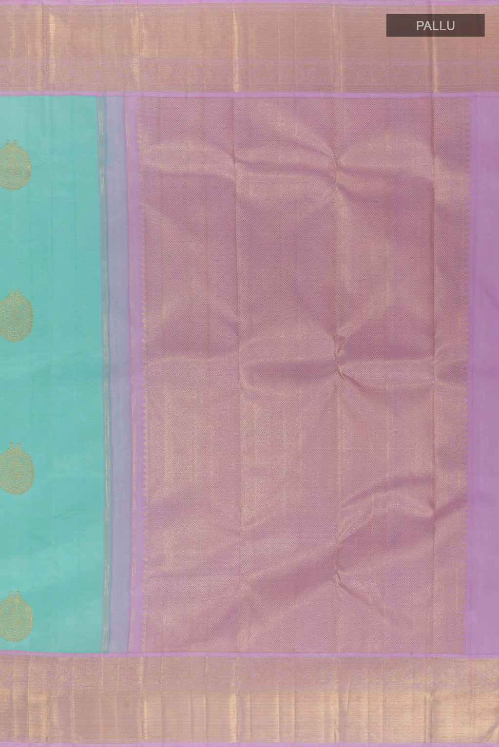 Close up image of the pallu of Pure Silk Sea Green Kanchipuram Saree with Zari Butta on the body and Zari Border. 