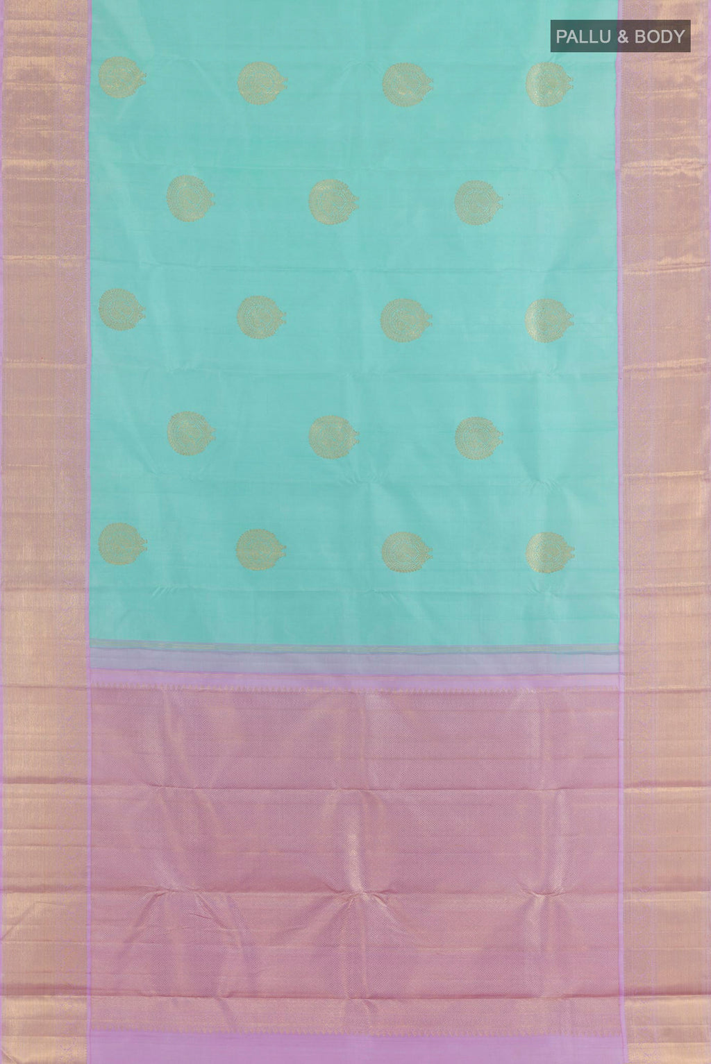 Flat view of Pure Silk Sea Green Kanchipuram Saree with Zari Butta on the body and Zari Border. 