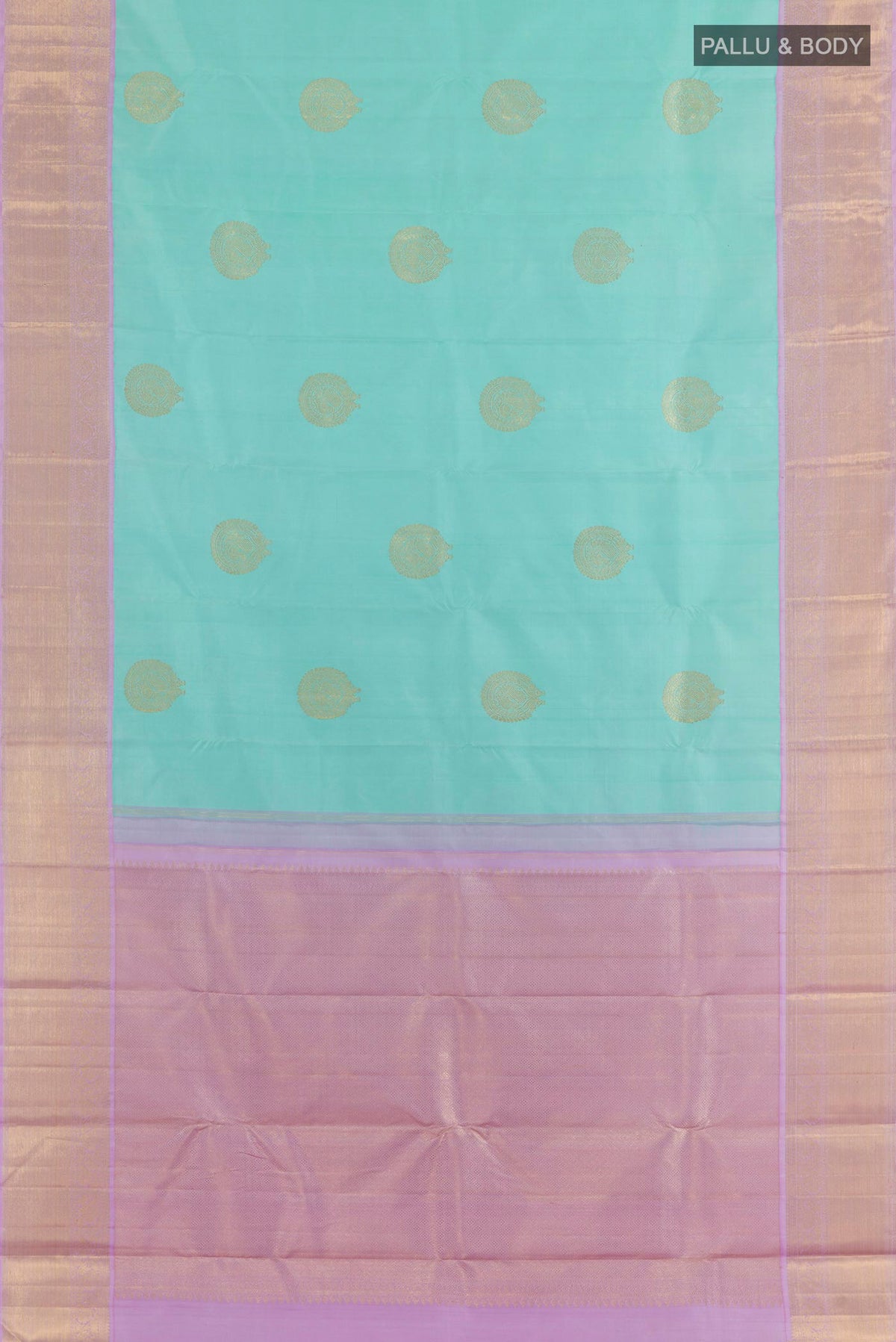 Flat view of Pure Silk Sea Green Kanchipuram Saree with Zari Butta on the body and Zari Border. 