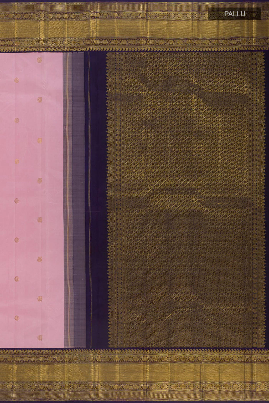 Close up image of the pallu of Pure Silk Rose pink Kanchipuram Saree with Zari Butta on the body and Zari Border. 