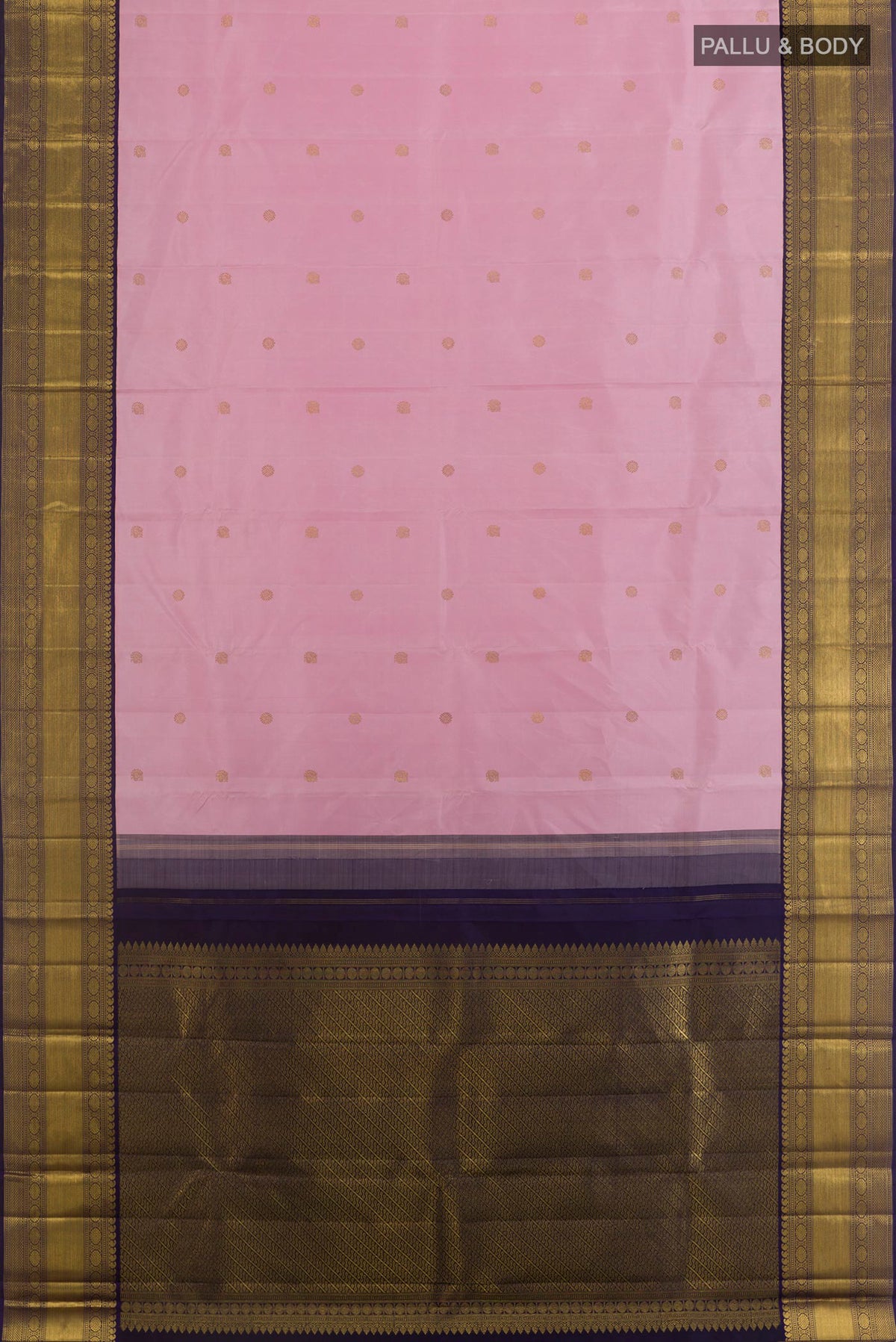 Flat view of Pure Silk Rose pink Kanchipuram Saree with Zari Butta on the body and Zari Border. 