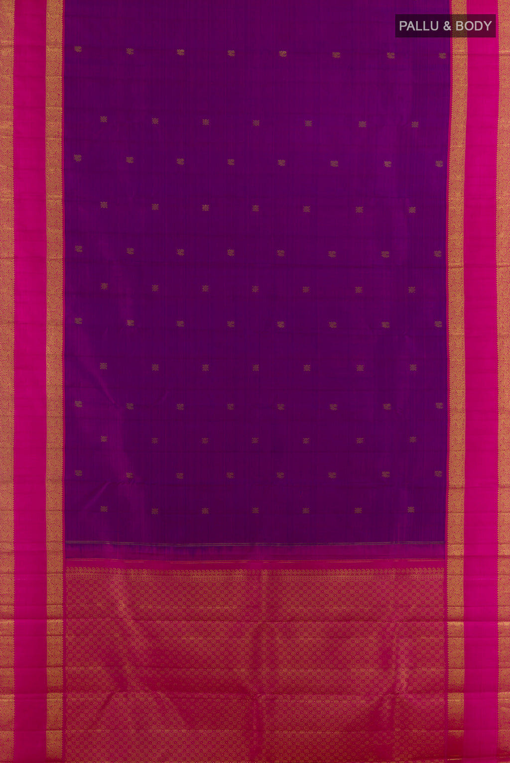Flat view of Pure Silk Purple Kanjivaram Saree with Zari Butta on the body and Zari Border. 