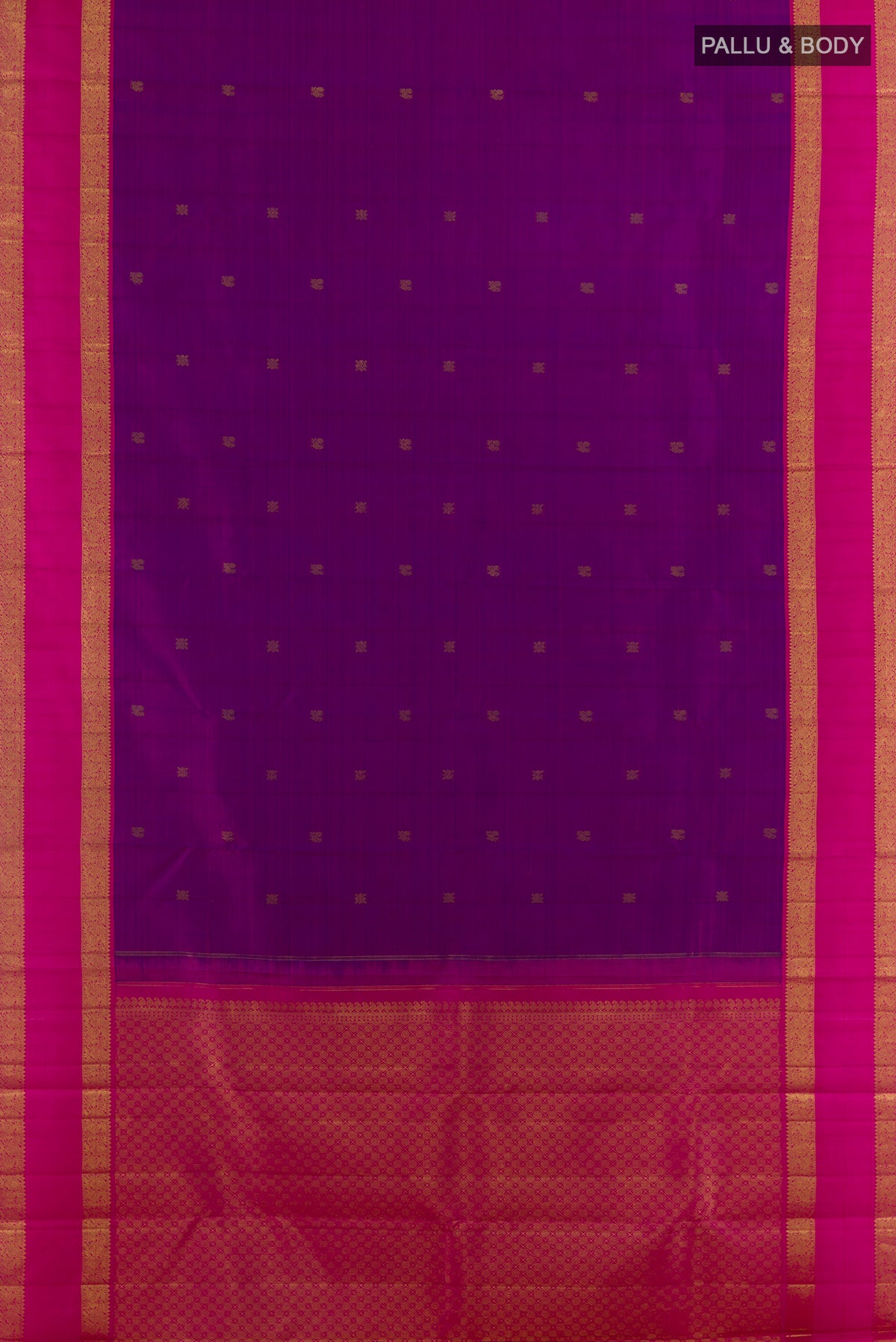 Flat view of Pure Silk Purple Kanjivaram Saree with Zari Butta on the body and Zari Border. 
