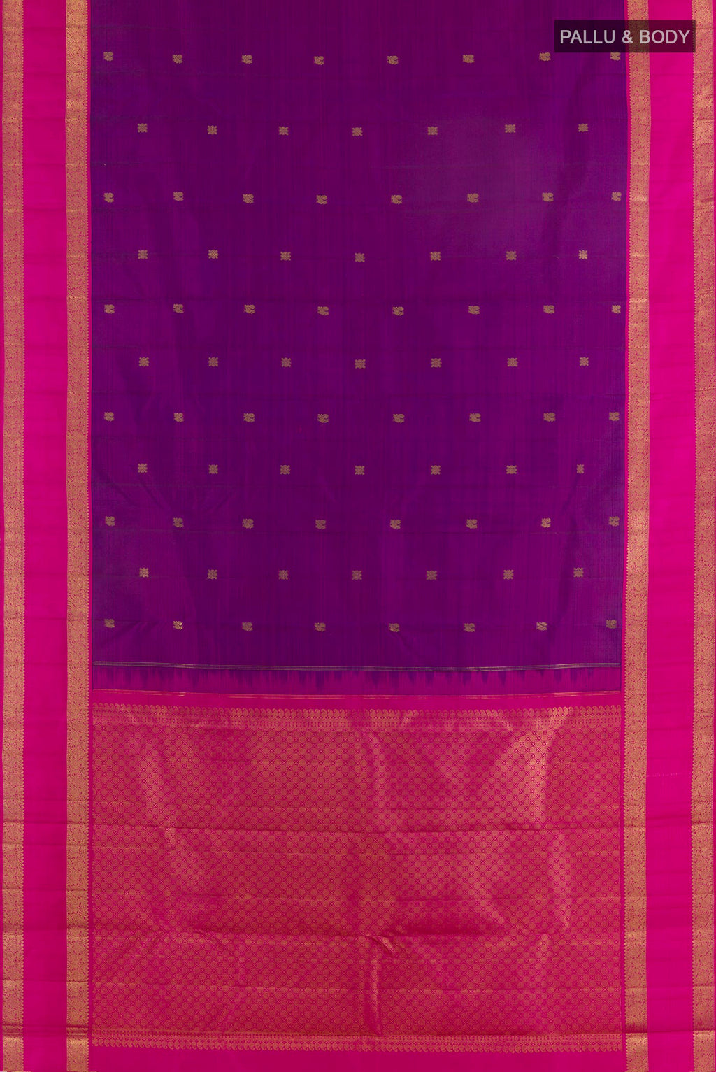 Flat view of Pure Silk Purple Kanjivaram Saree with Zari Butta on the body and Zari Border. 