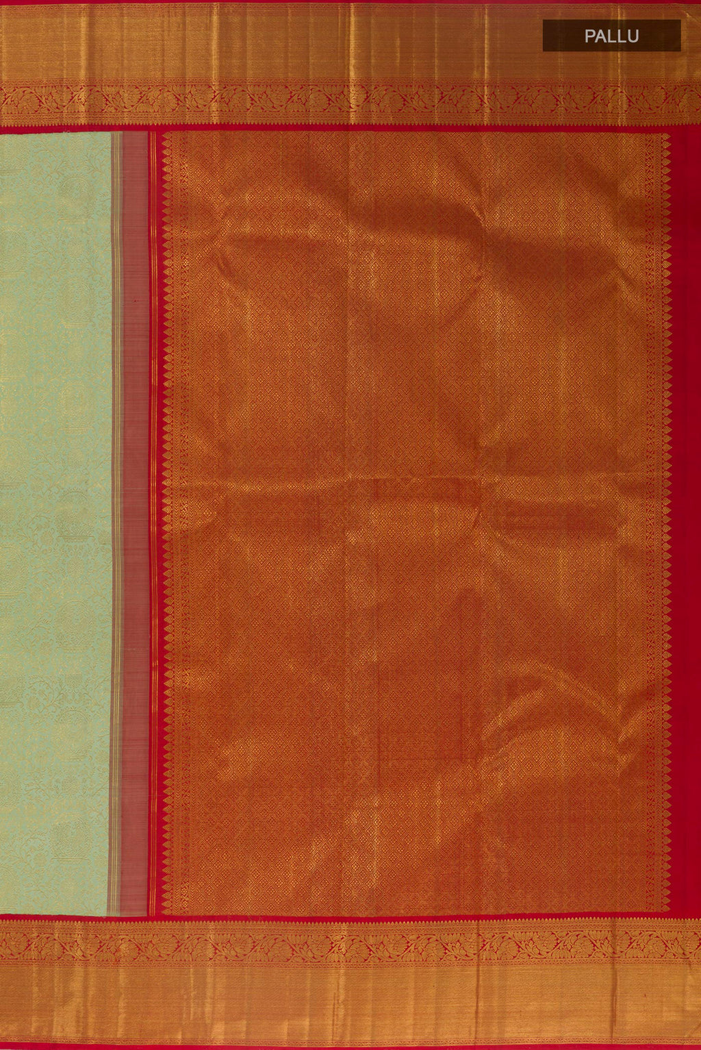 Close up image of the pallu of Pure Silk Light Green Kanchipuram Saree with Zari Brocade on the body and Zari Border. 