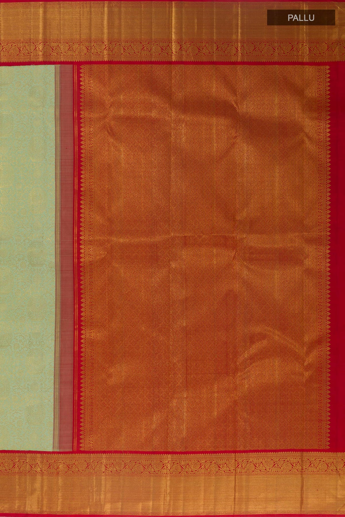Close up image of the pallu of Pure Silk Light Green Kanchipuram Saree with Zari Brocade on the body and Zari Border. 
