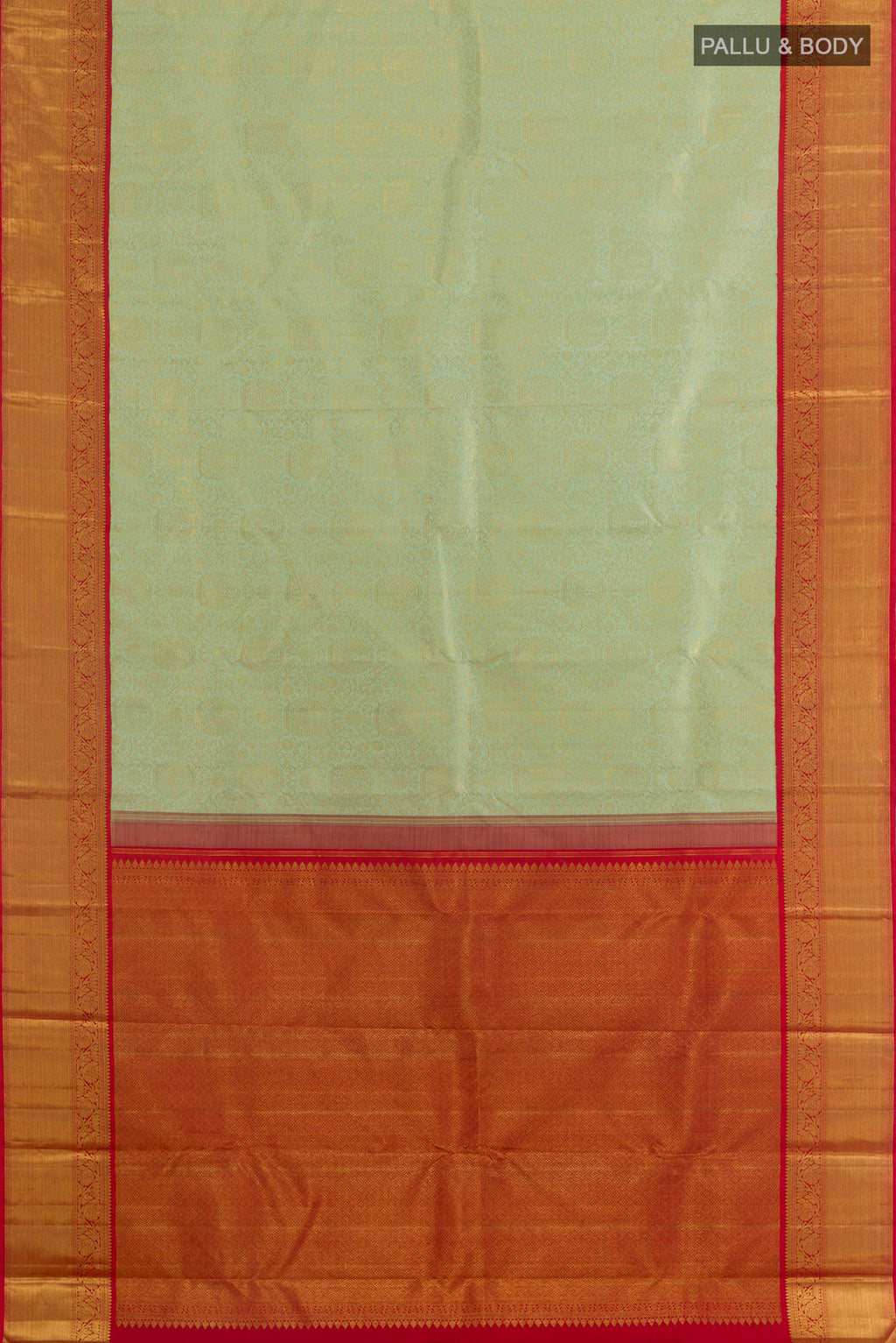 Flat view of Pure Silk Light Green Kanchipuram Saree with Zari Brocade on the body and Zari Border. 
