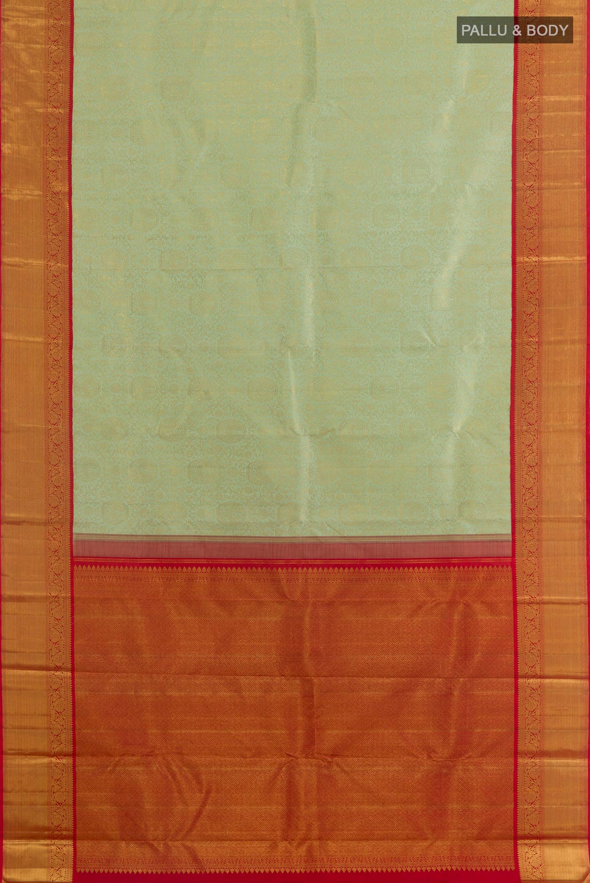 Flat view of Pure Silk Light Green Kanchipuram Saree with Zari Brocade on the body and Zari Border. 