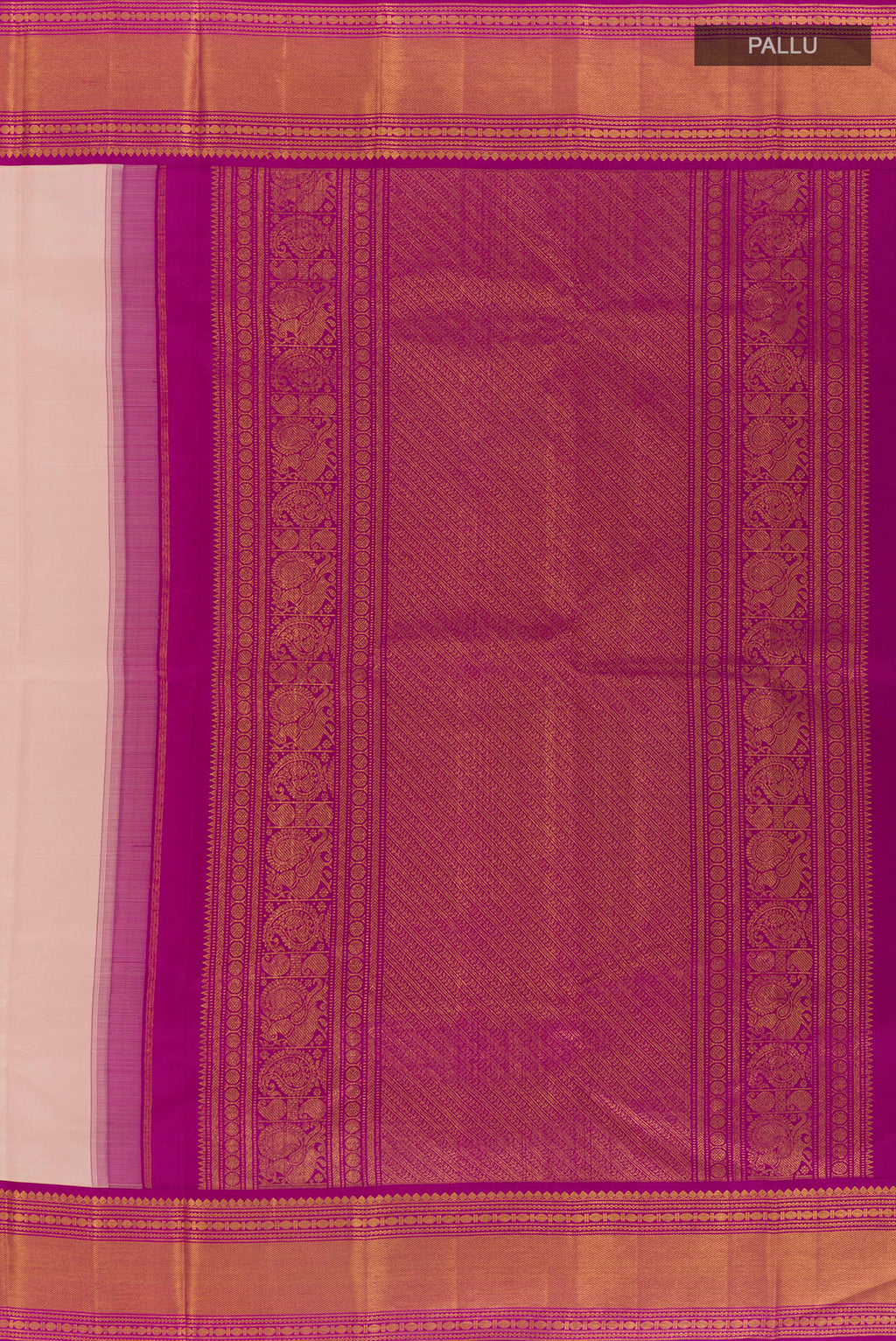 Close up image of the pallu of Pure Silk Peach Kanjivaram Saree with Plain Body and Zari Border. 
