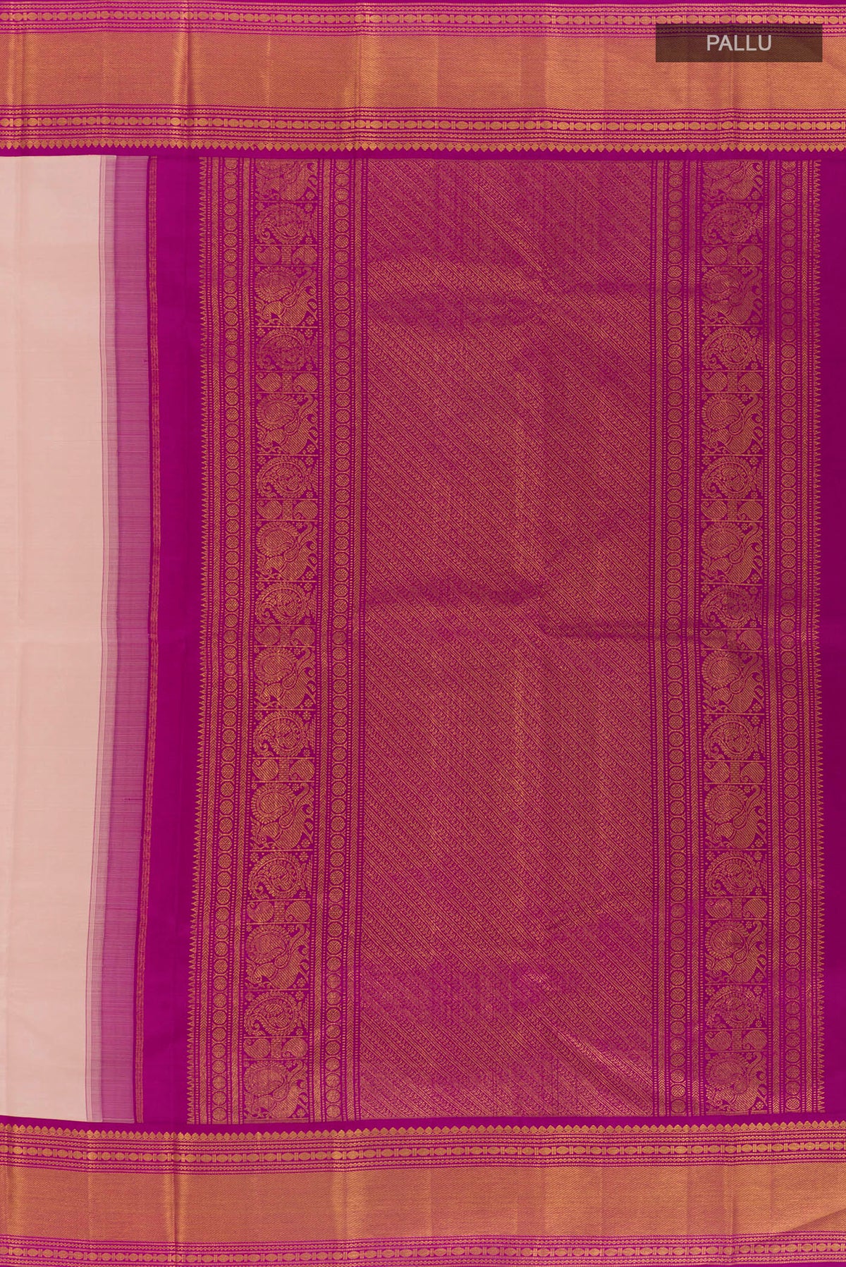 Close up image of the pallu of Pure Silk Peach Kanjivaram Saree with Plain Body and Zari Border. 