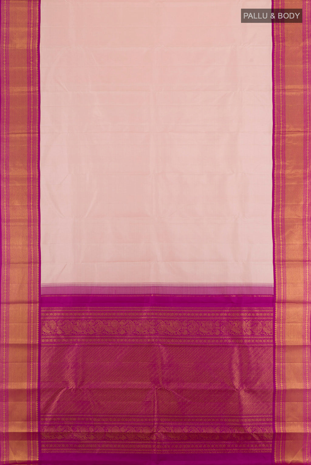 Flat view of Pure Silk Peach Kanjivaram Saree with Plain Body and Zari Border. 
