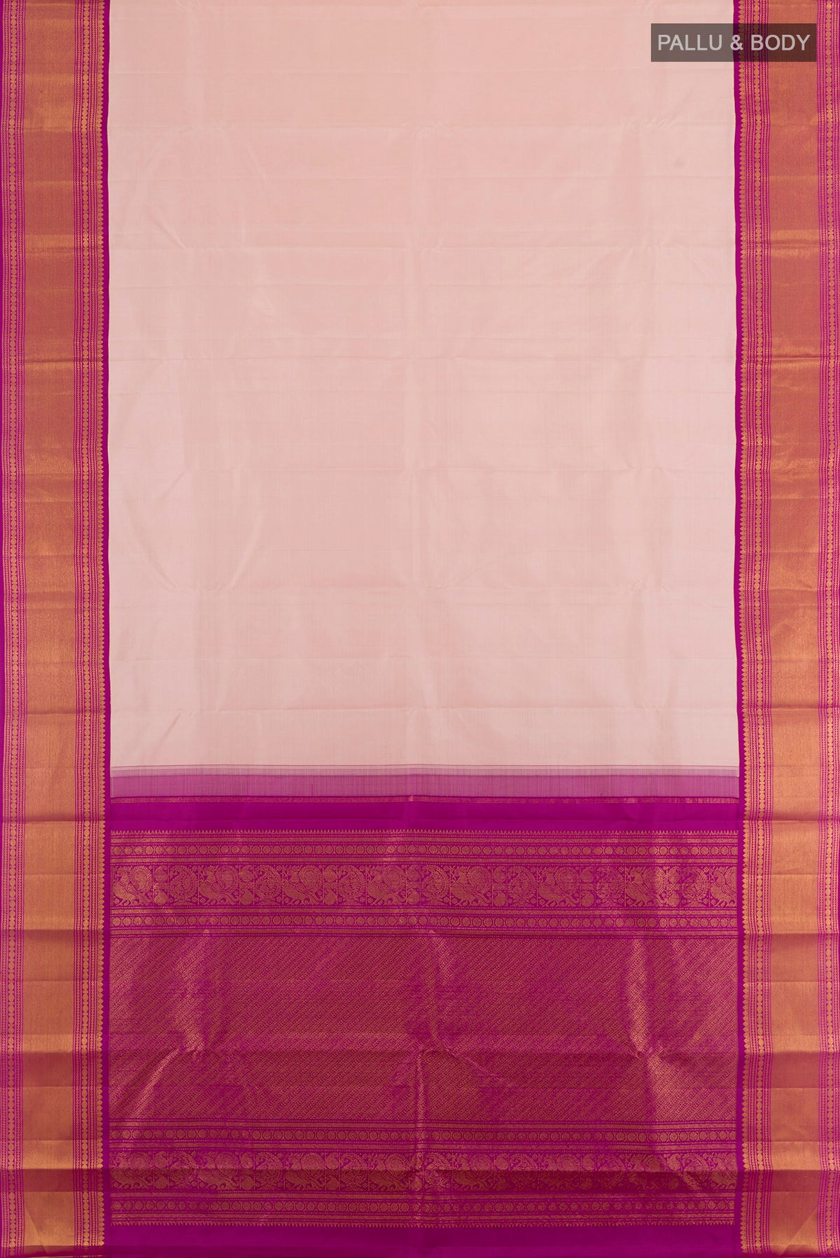 Flat view of Pure Silk Peach Kanjivaram Saree with Plain Body and Zari Border. 
