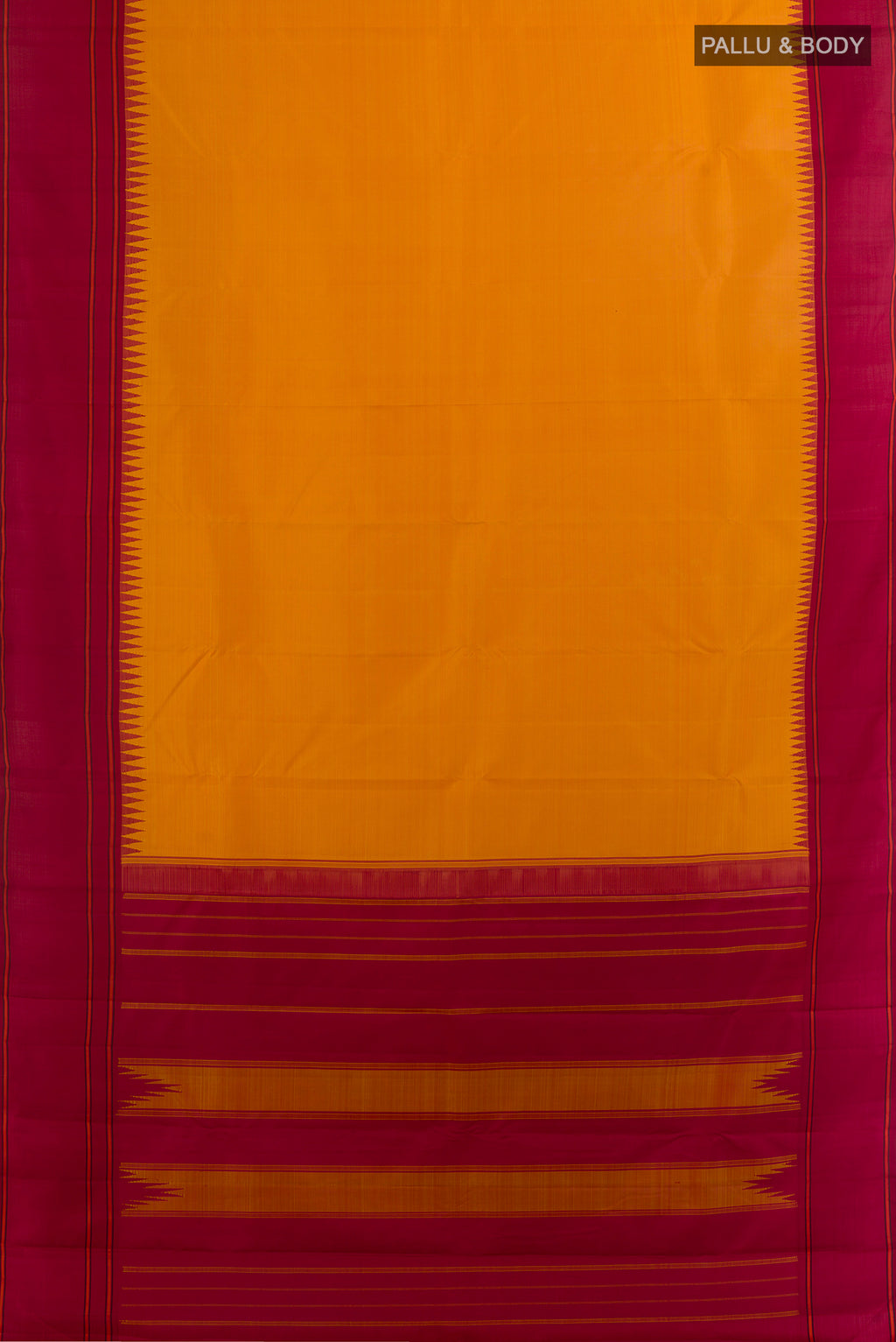 Flat view of Pure Silk Yellow Kanjivaram Saree with Plain Body and Plain Border. 
