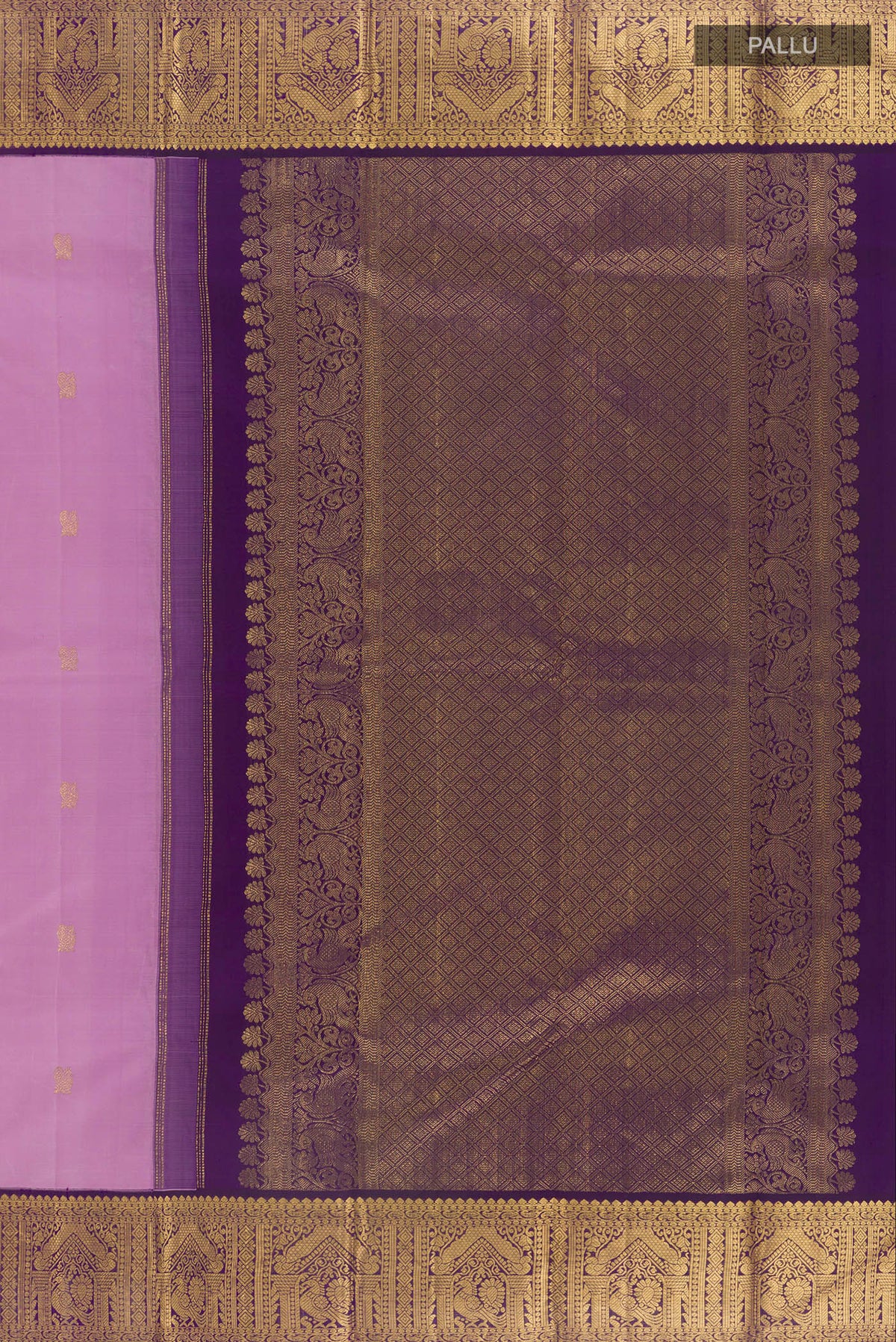 Close up image of the pallu of Pure Silk Lavender Kanjivaram Saree with Zari Butta on the body and Zari Border. 