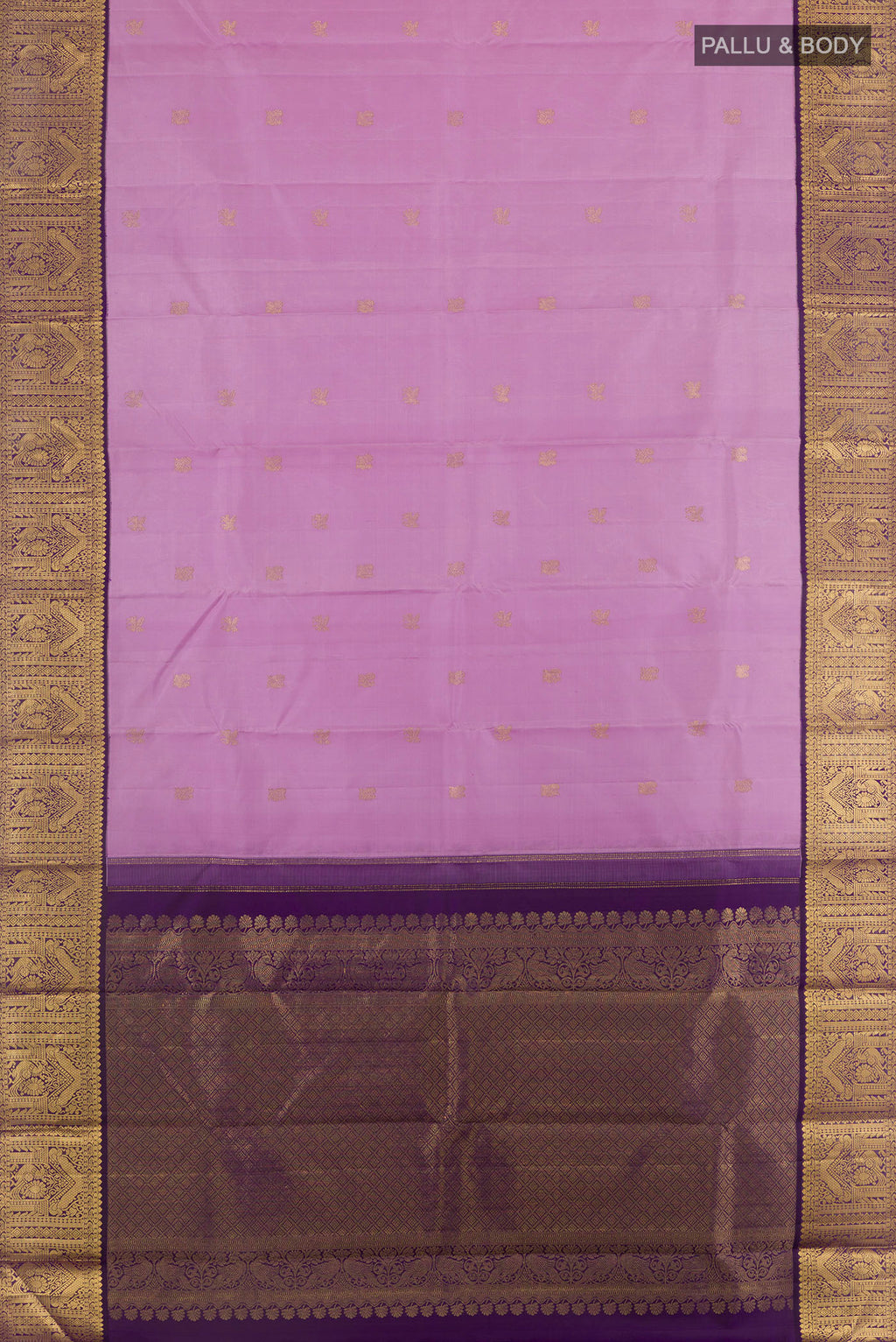 Flat view of Pure Silk Lavender Kanjivaram Saree with Zari Butta on the body and Zari Border. 