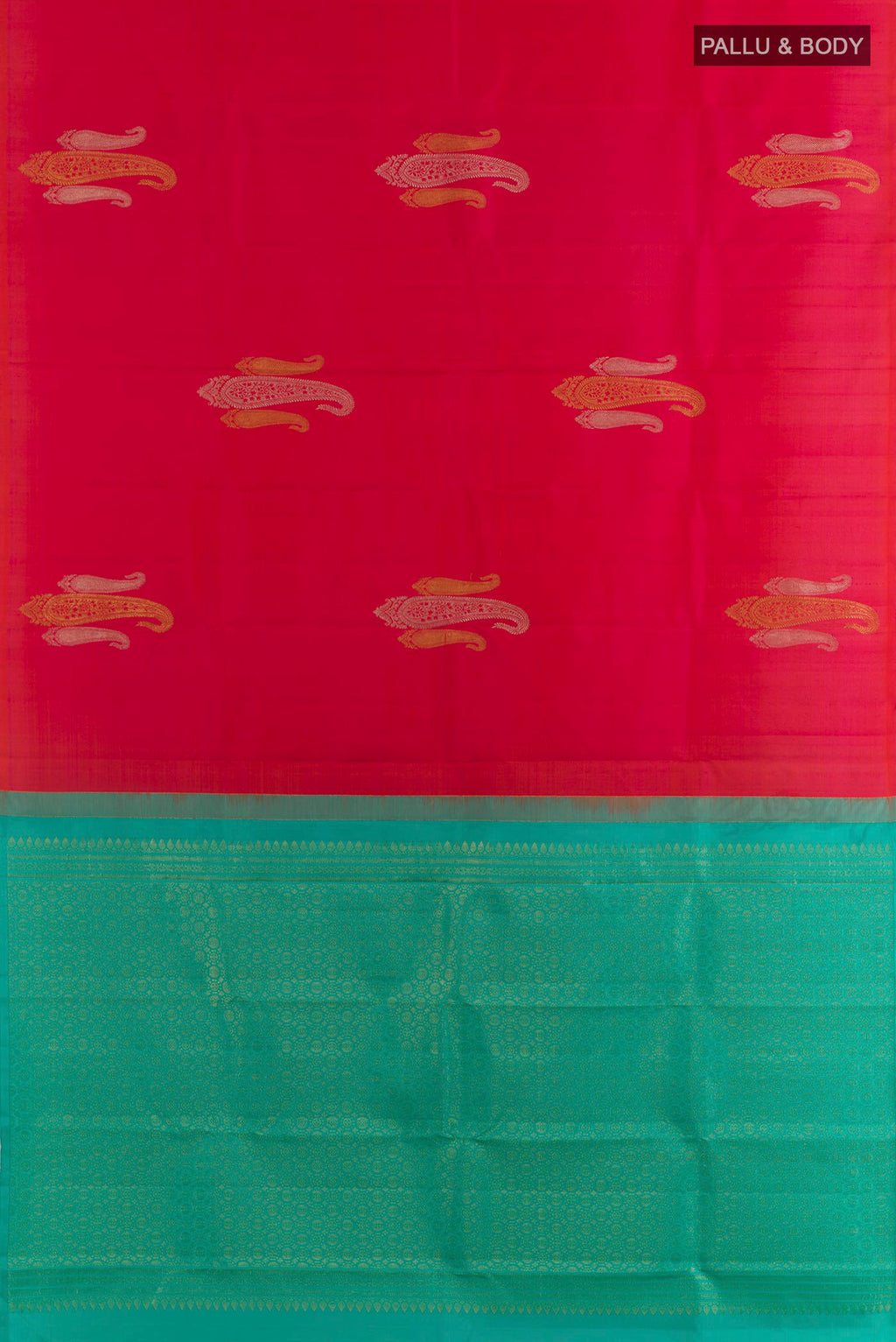 Flat view of Pure Silk Brick Orange Kanjivaram Saree with Zari Butta on the body and Without Border. 