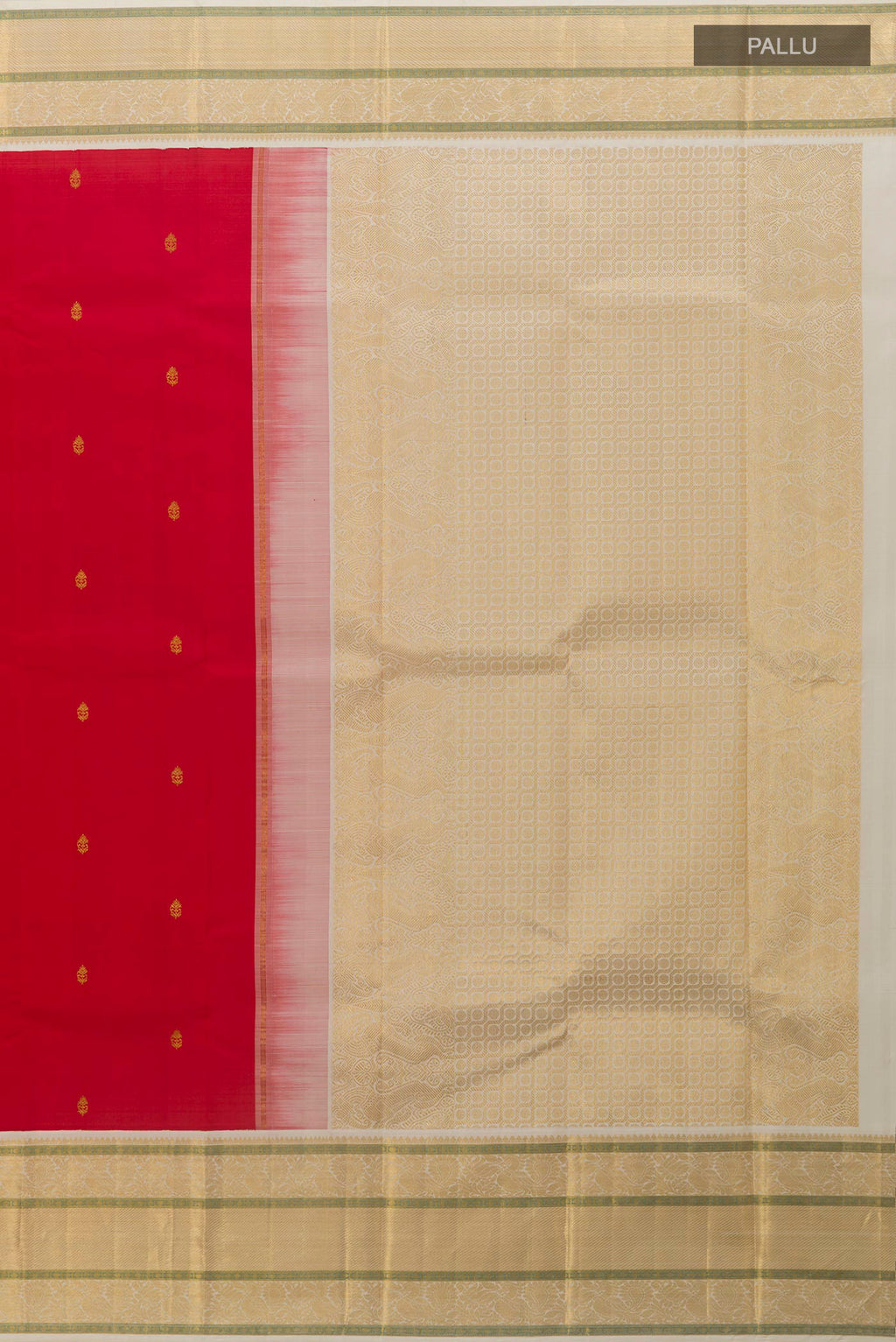 Close up image of the pallu of Pure Silk Red Kanjivaram Saree with Zari Butta on the body and Zari Border. 