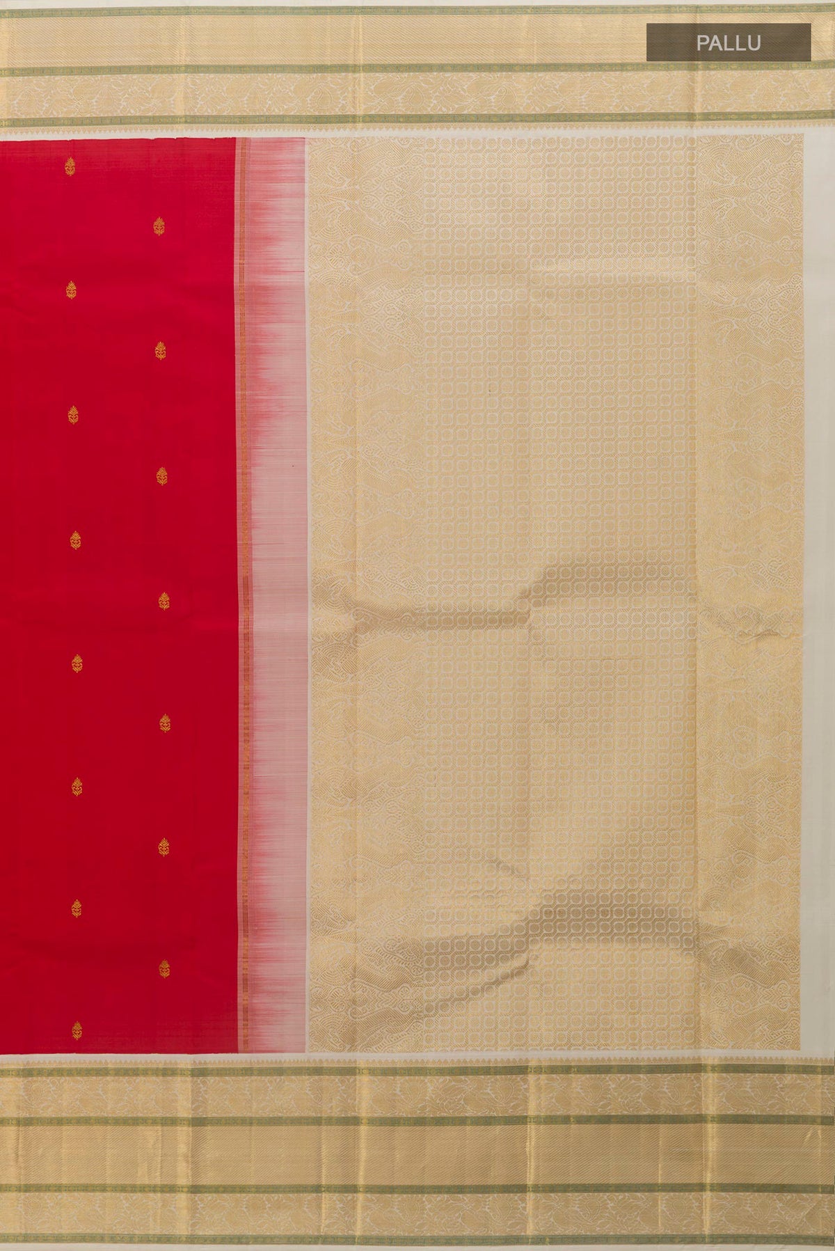 Close up image of the pallu of Pure Silk Red Kanjivaram Saree with Zari Butta on the body and Zari Border. 