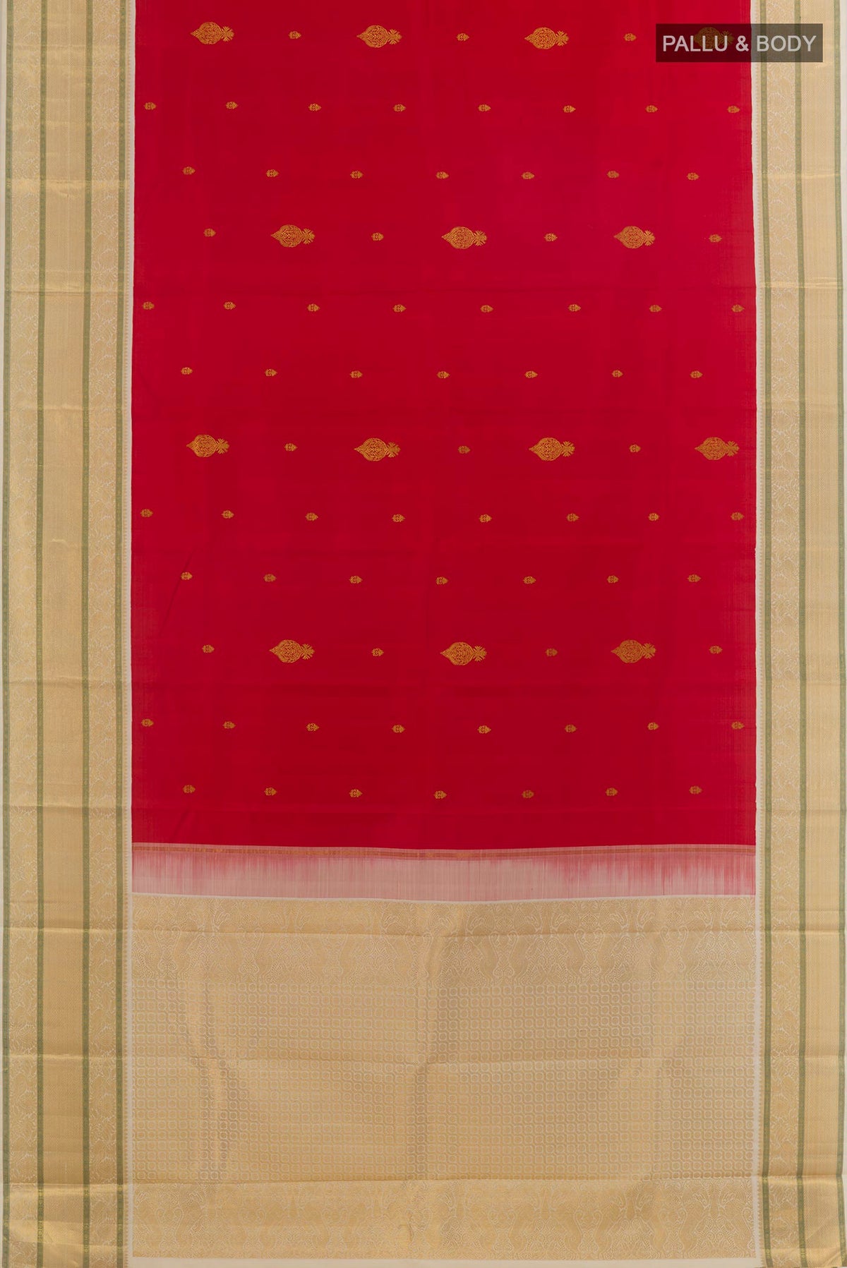 Flat view of Pure Silk Red Kanjivaram Saree with Zari Butta on the body and Zari Border. 