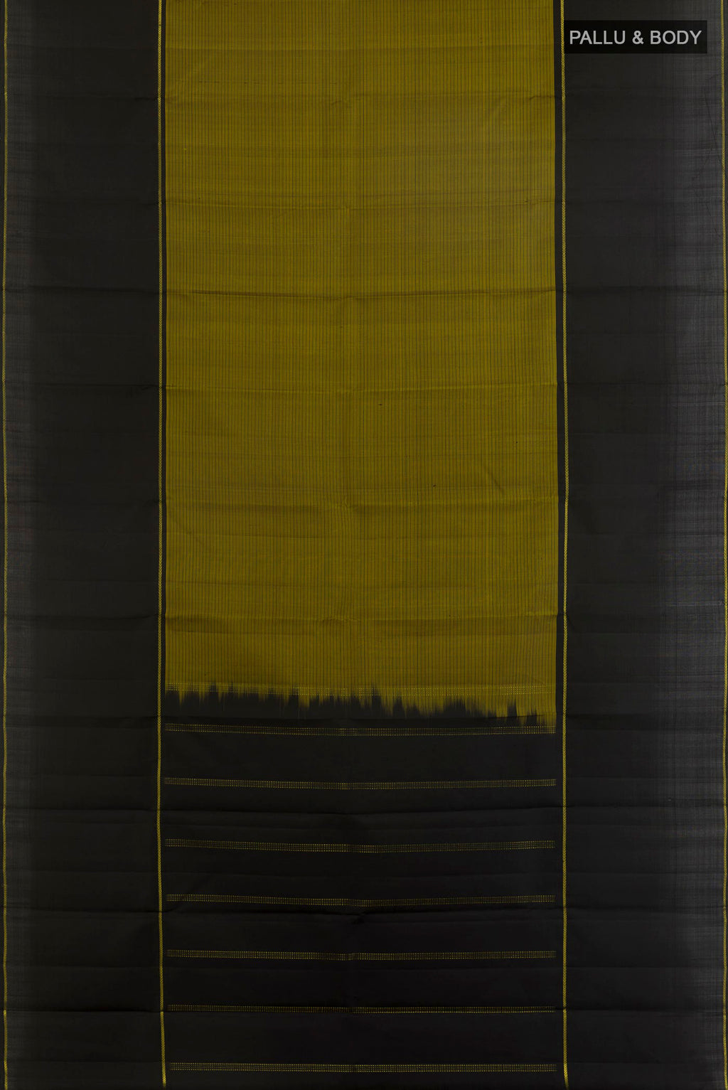 Flat view of Pure Silk Mehandi Green Kanjivaram Saree with Stripes on the body and Plain Border. 