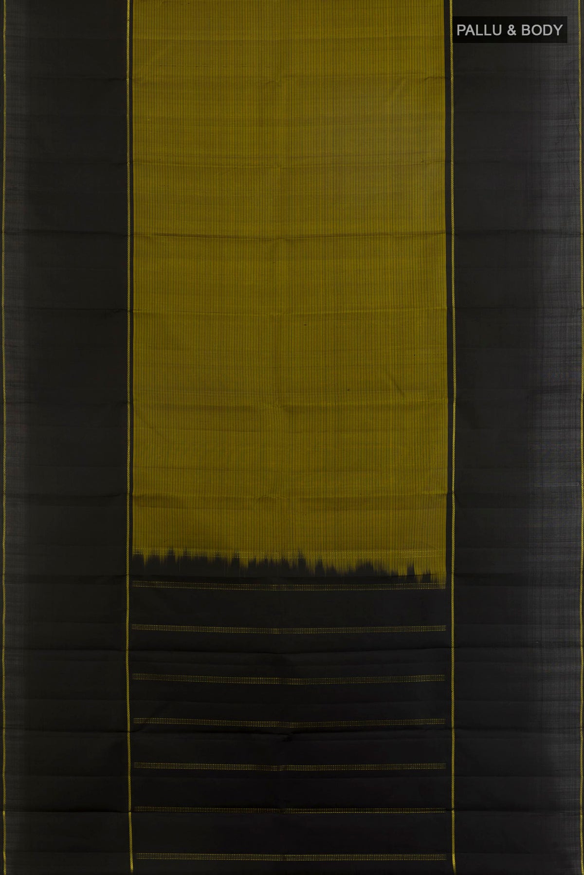 Flat view of Pure Silk Mehandi Green Kanjivaram Saree with Stripes on the body and Plain Border. 