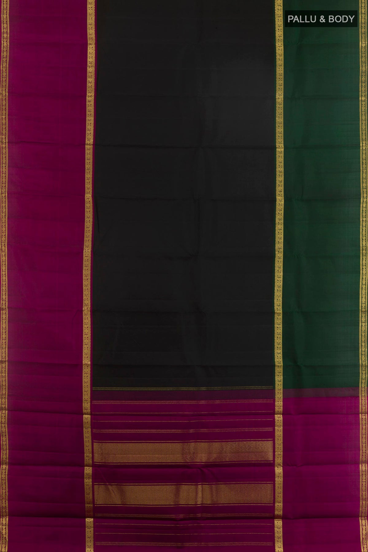 Flat view of Pure Silk Black Kanchipuram Saree with Plain Body and Ganga Jamuna Border. 