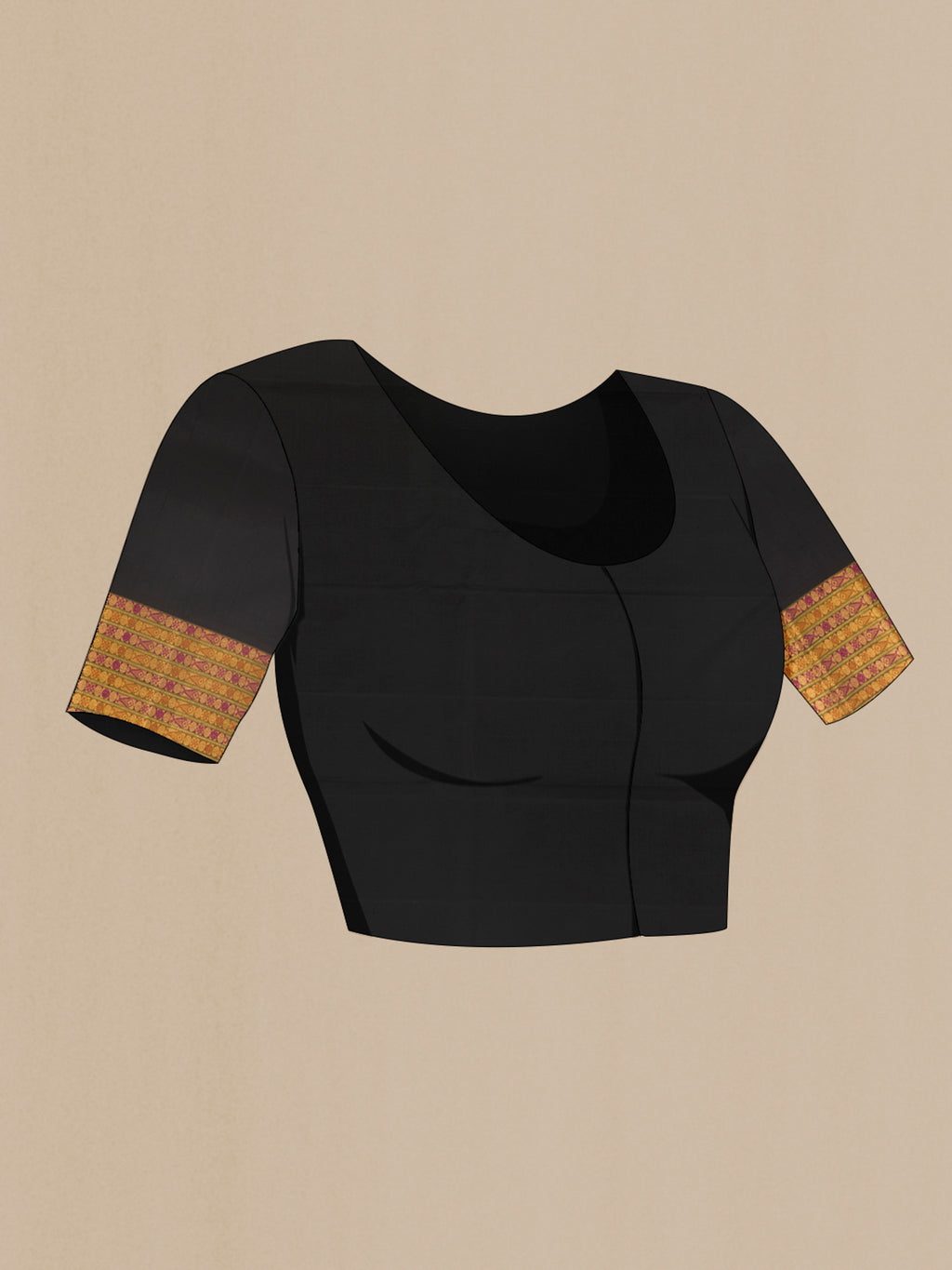 Close up image of the blouse of Pure Silk Black Kanjivaram Saree with Zari Butta on the body and Zari Border. 