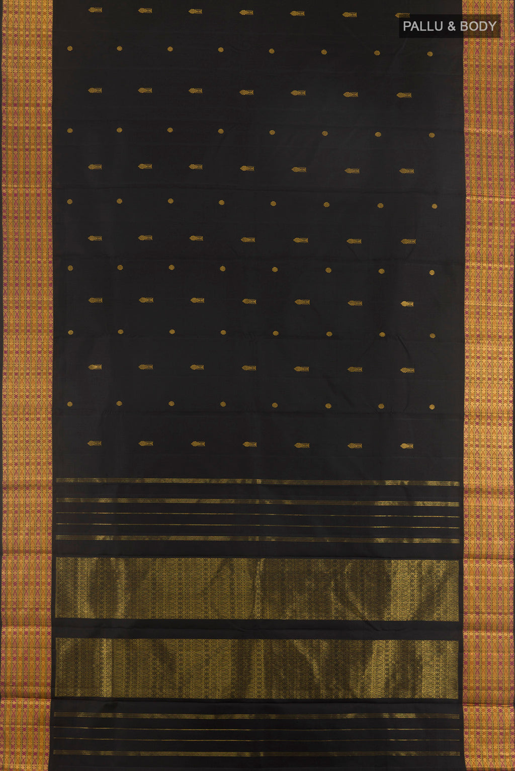 Flat view of Pure Silk Black Kanjivaram Saree with Zari Butta on the body and Zari Border. 
