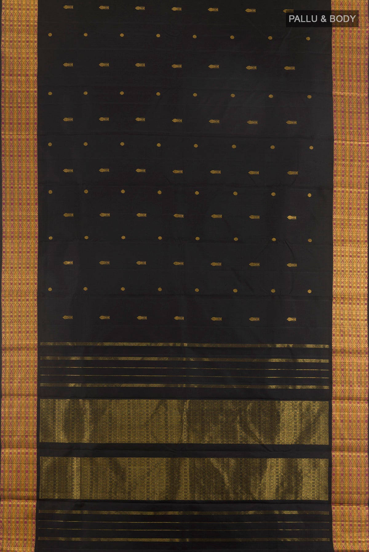 Flat view of Pure Silk Black Kanjivaram Saree with Zari Butta on the body and Zari Border. 