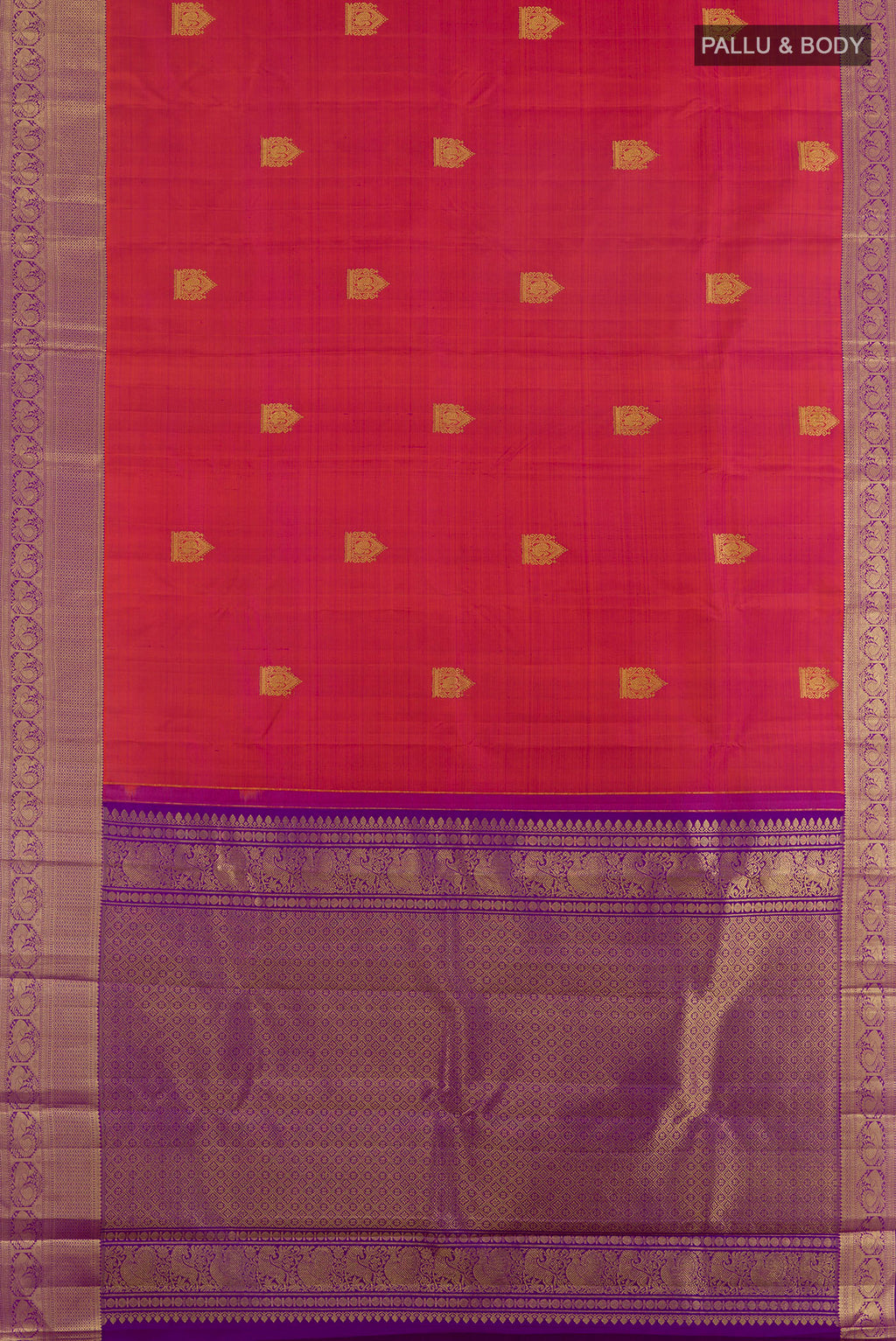 Flat view of Pure Silk Brick Orange Dual Tone Kanjivaram Saree with Zari Butta on the body and Zari Border. 
