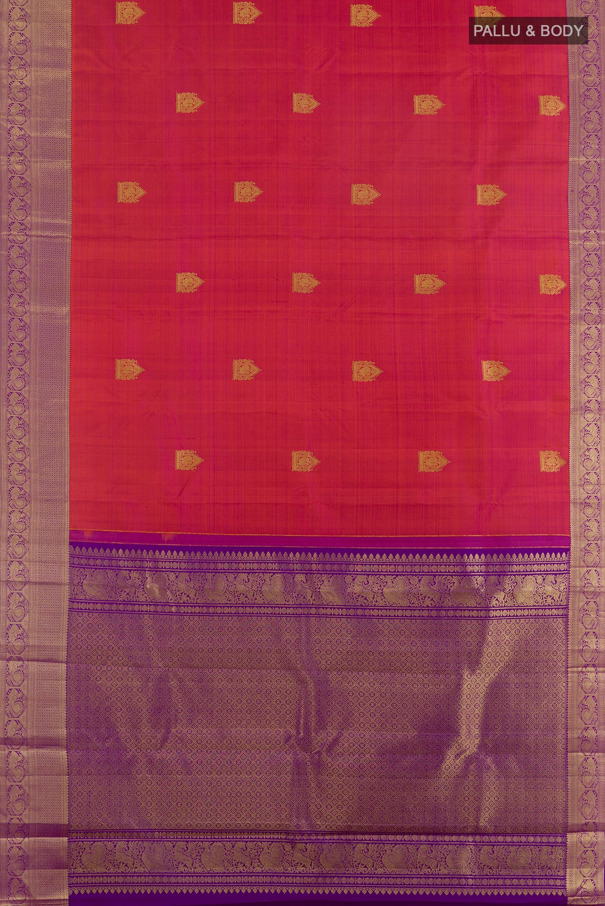 Flat view of Pure Silk Brick Orange Dual Tone Kanjivaram Saree with Zari Butta on the body and Zari Border. 