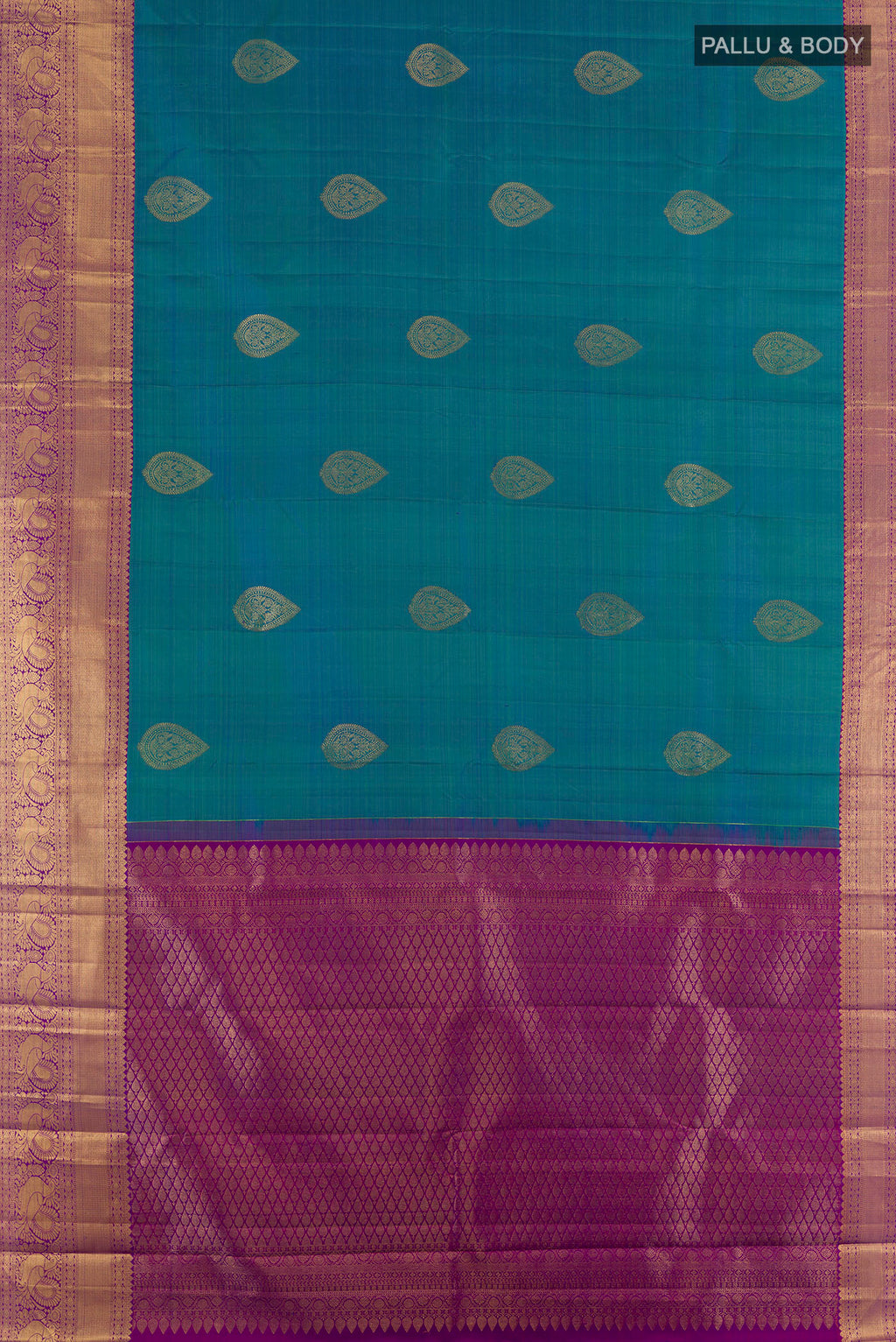 Flat view of Pure Silk Peacock Blue Kanjivaram Saree with Zari Butta on the body and Zari Border. 
