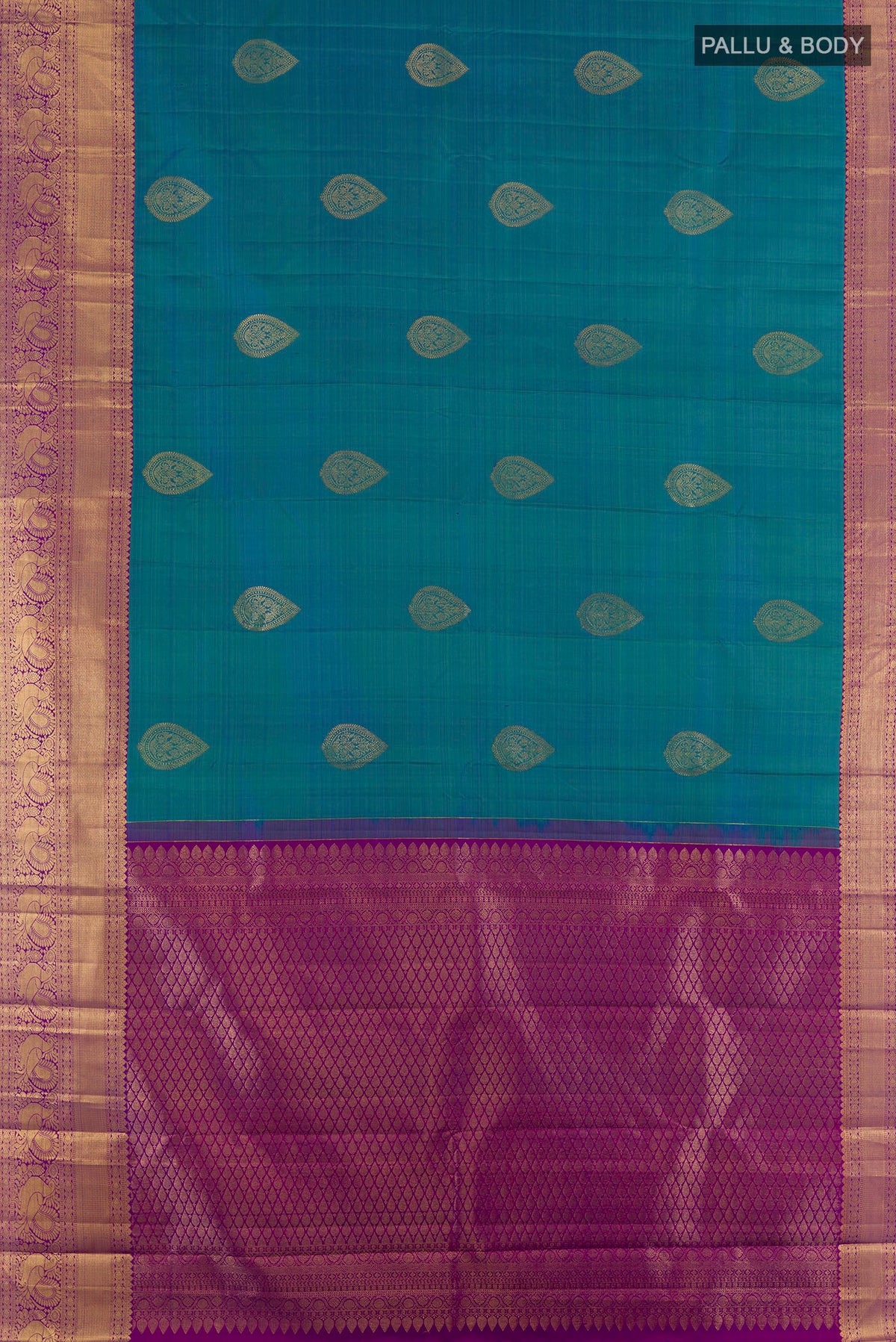 Flat view of Pure Silk Peacock Blue Kanjivaram Saree with Zari Butta on the body and Zari Border. 